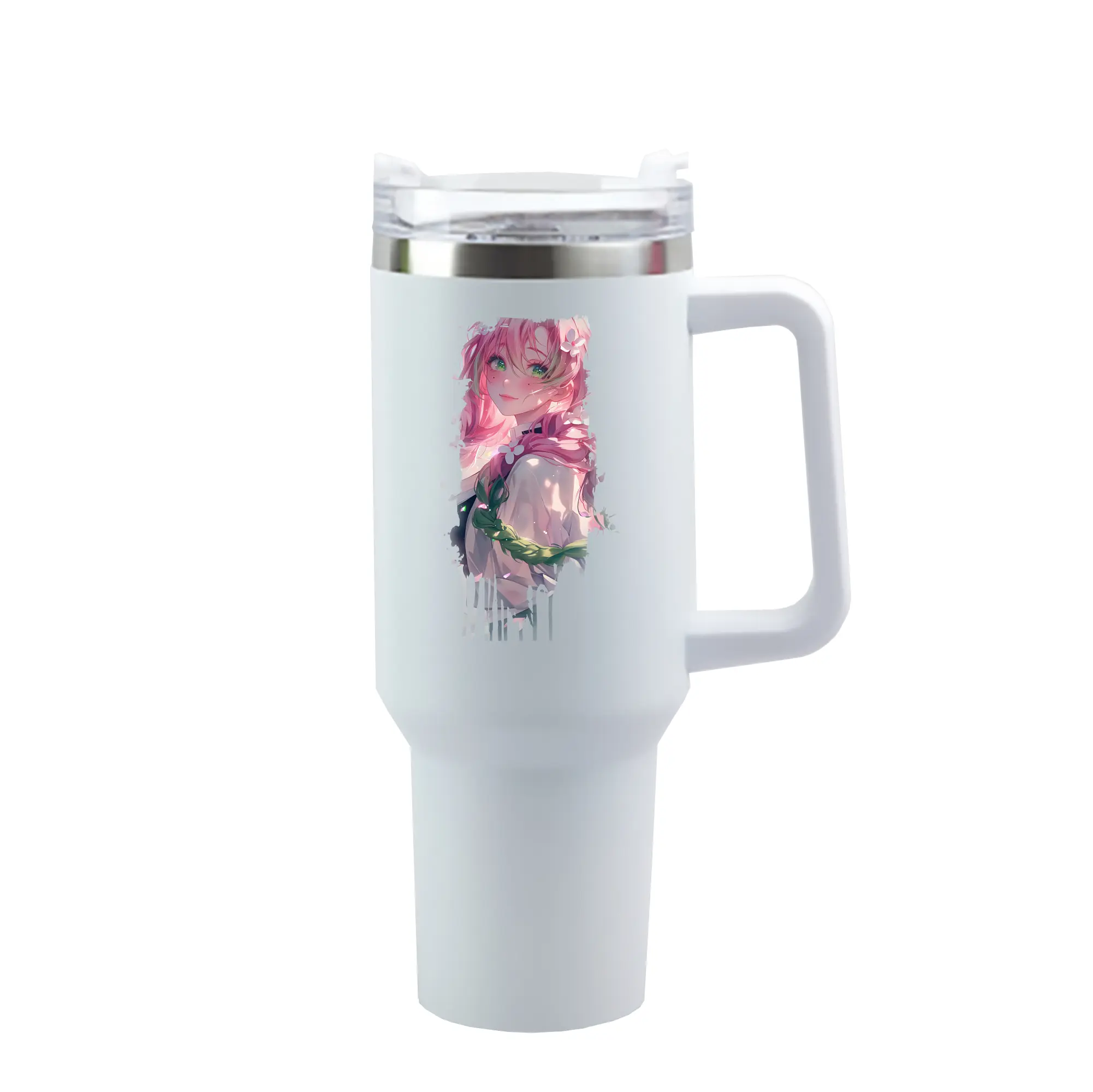 鬼滅の刃 グッズ,甘露寺 蜜璃 - 1200mL 車用タンブラー ・ クリスタルステッカー ・ 304ステンレス 内側 ・ 201ステンレス 外側 ・ 保温 保冷 ・ ハンドル＆ストロー付き ・ 通勤 ドライブ アウトドア用