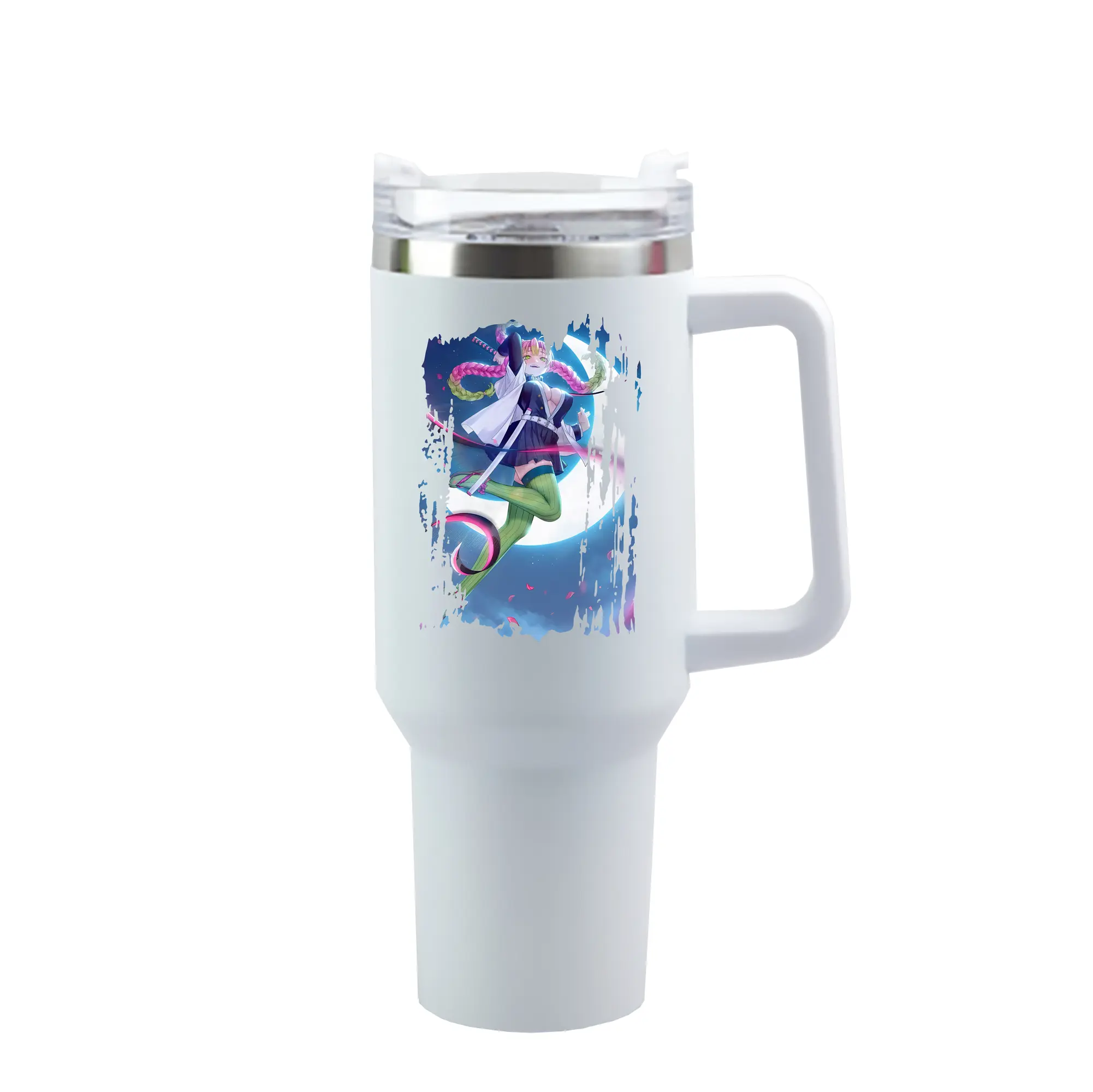 鬼滅の刃 グッズ,甘露寺 蜜璃 - 1200mL 車用タンブラー ・ クリスタルステッカー ・ 304ステンレス 内側 ・ 201ステンレス 外側 ・ 保温 保冷 ・ ハンドル＆ストロー付き ・ 通勤 ドライブ アウトドア用