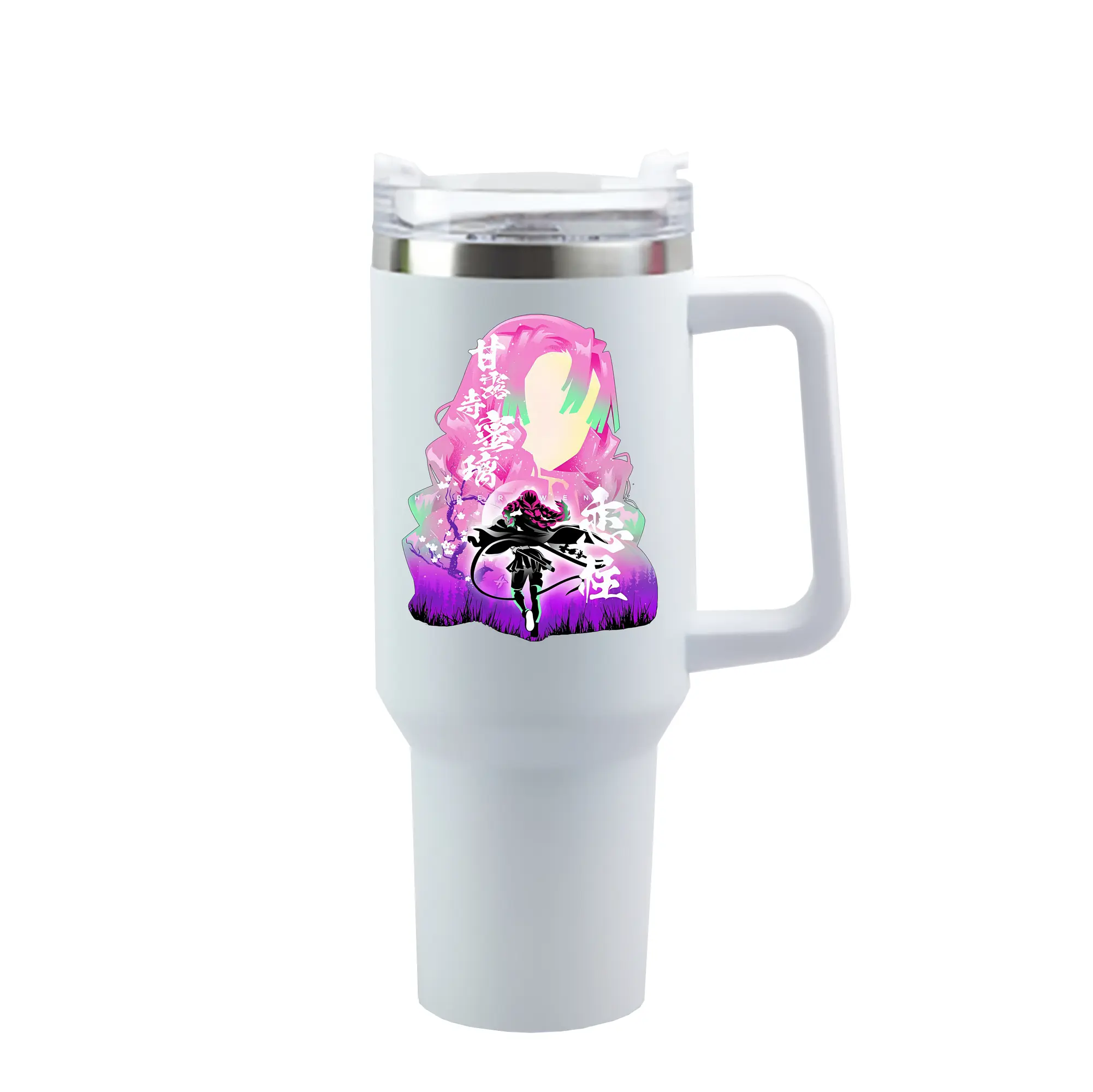 鬼滅の刃 グッズ,甘露寺 蜜璃 - 1200mL 車用タンブラー ・ クリスタルステッカー ・ 304ステンレス 内側 ・ 201ステンレス 外側 ・ 保温 保冷 ・ ハンドル＆ストロー付き ・ 通勤 ドライブ アウトドア用