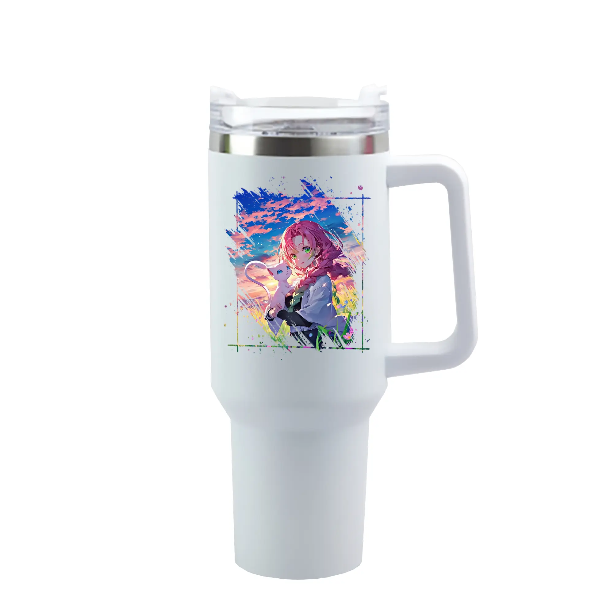 鬼滅の刃 グッズ,甘露寺 蜜璃 - 1200mL 車用タンブラー ・ クリスタルステッカー ・ 304ステンレス 内側 ・ 201ステンレス 外側 ・ 保温 保冷 ・ ハンドル＆ストロー付き ・ 通勤 ドライブ アウトドア用