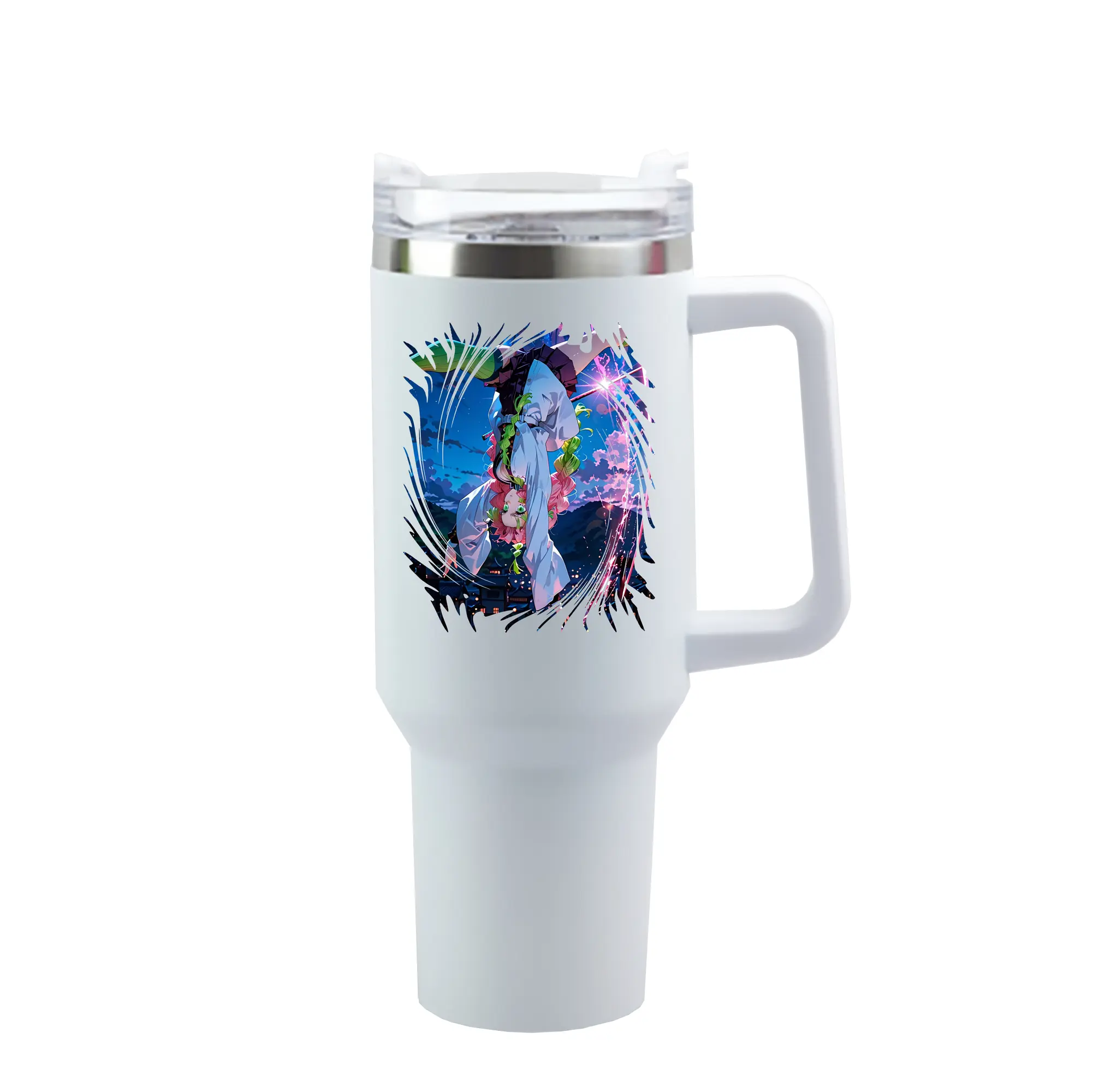 鬼滅の刃 グッズ,甘露寺 蜜璃 - 1200mL 車用タンブラー ・ クリスタルステッカー ・ 304ステンレス 内側 ・ 201ステンレス 外側 ・ 保温 保冷 ・ ハンドル＆ストロー付き ・ 通勤 ドライブ アウトドア用