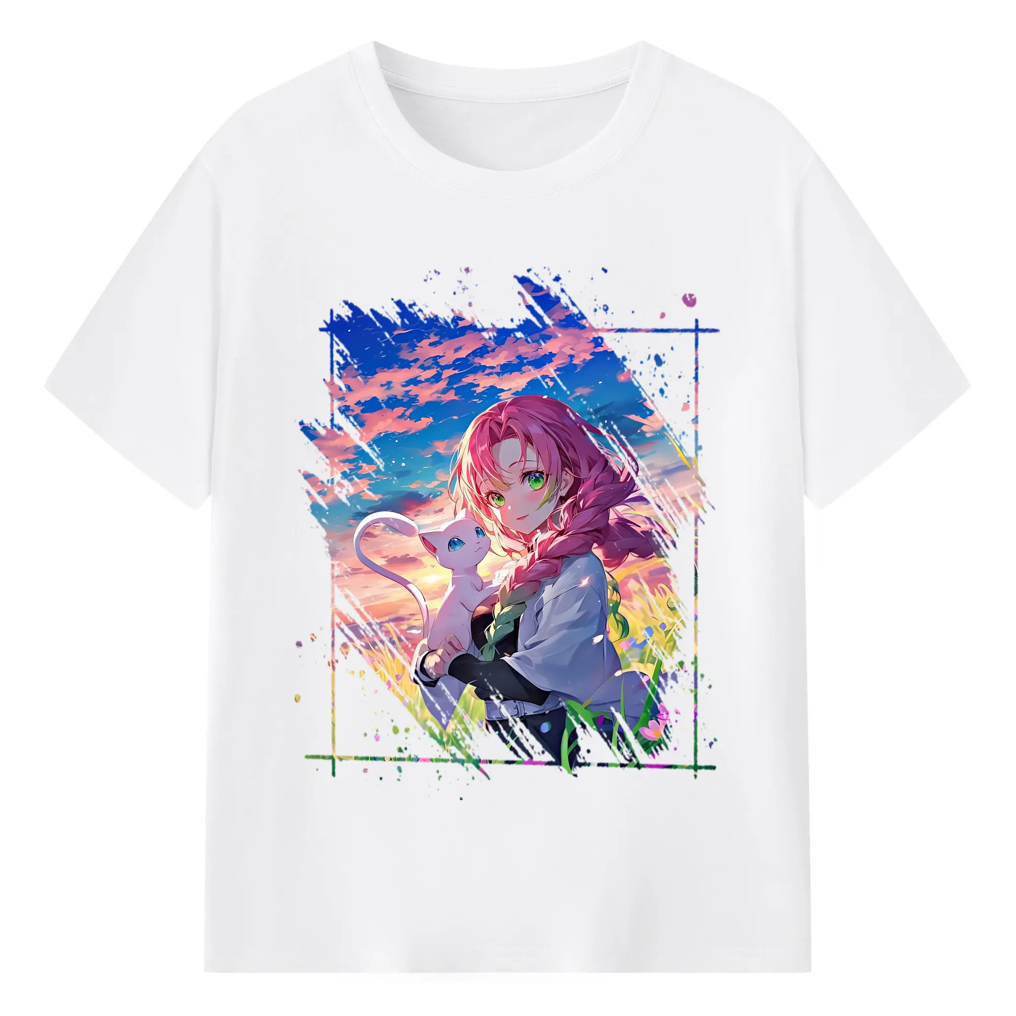 鬼滅の刃 グッズ,甘露寺 蜜璃 - 綿100％ 半袖Tシャツ ・ フロントプリント ・ 快適 通気性 ・ 日常使い 散歩 スポーツ用