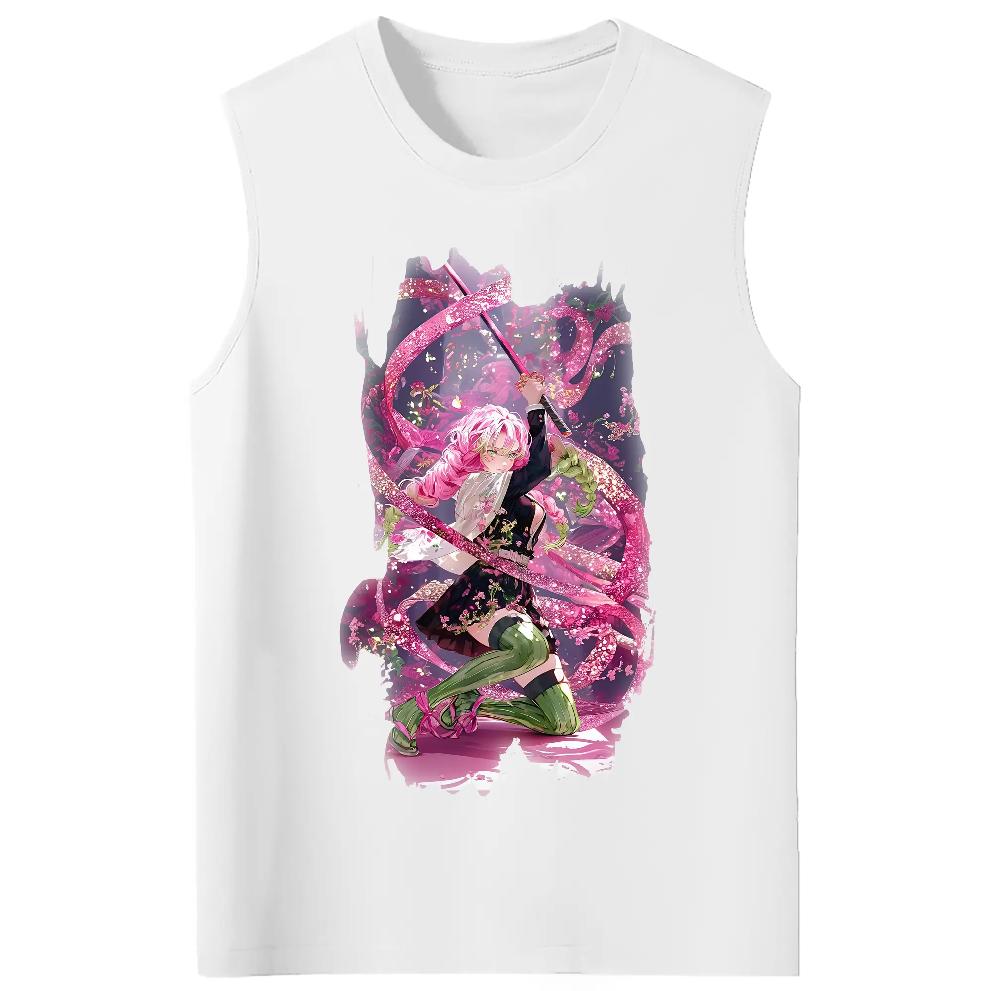 鬼滅の刃 グッズ,甘露寺 蜜璃 - コットン100％ タンクトップ ・ フロントプリント ・ タイトフィット ・ 快適 通気性 ・ スポーツ カジュアル 散歩用