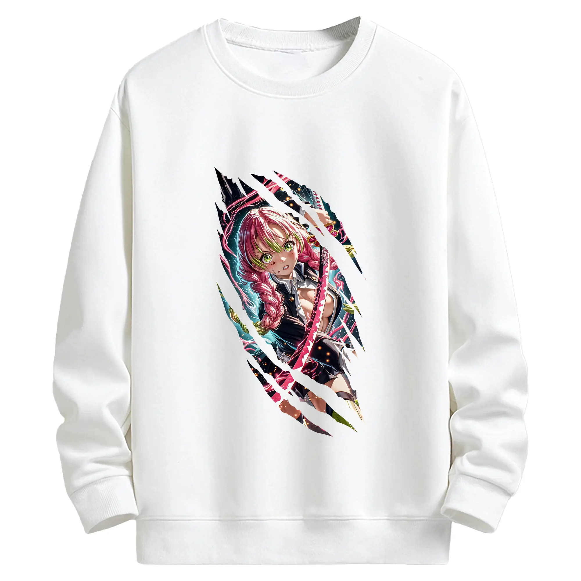 鬼滅の刃 グッズ,甘露寺 蜜璃 - 高品質 クルーネック スウェット ・ コットン59％ ポリエステル41％ ・ ユニセックス 長袖 トレーナー ・ カジュアル デイリー スポーツ 散歩用