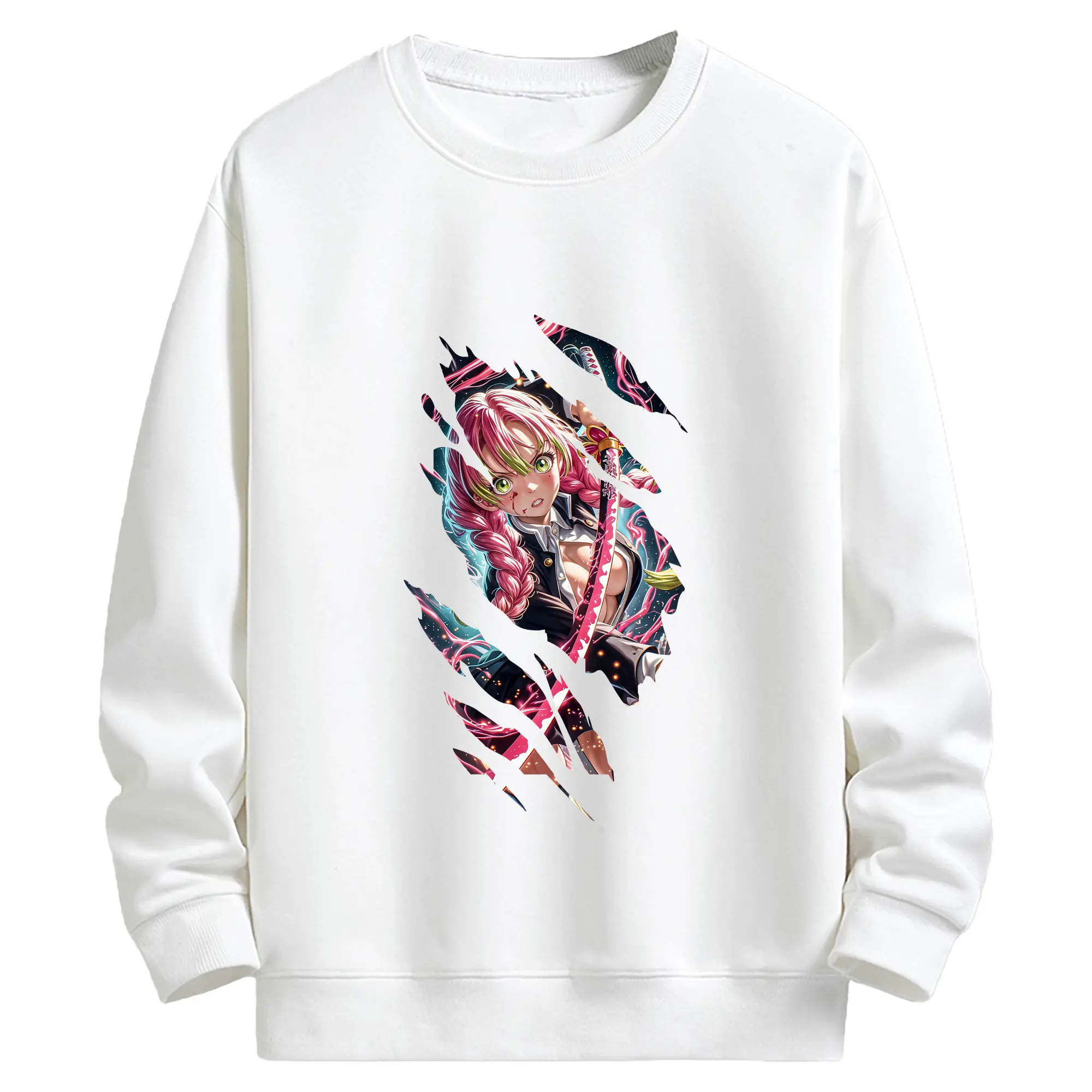 鬼滅の刃 グッズ,甘露寺 蜜璃 - 高品質 クルーネック スウェット ・ コットン59％ ポリエステル41％ ・ ユニセックス 長袖 トレーナー ・ カジュアル デイリー スポーツ 散歩用