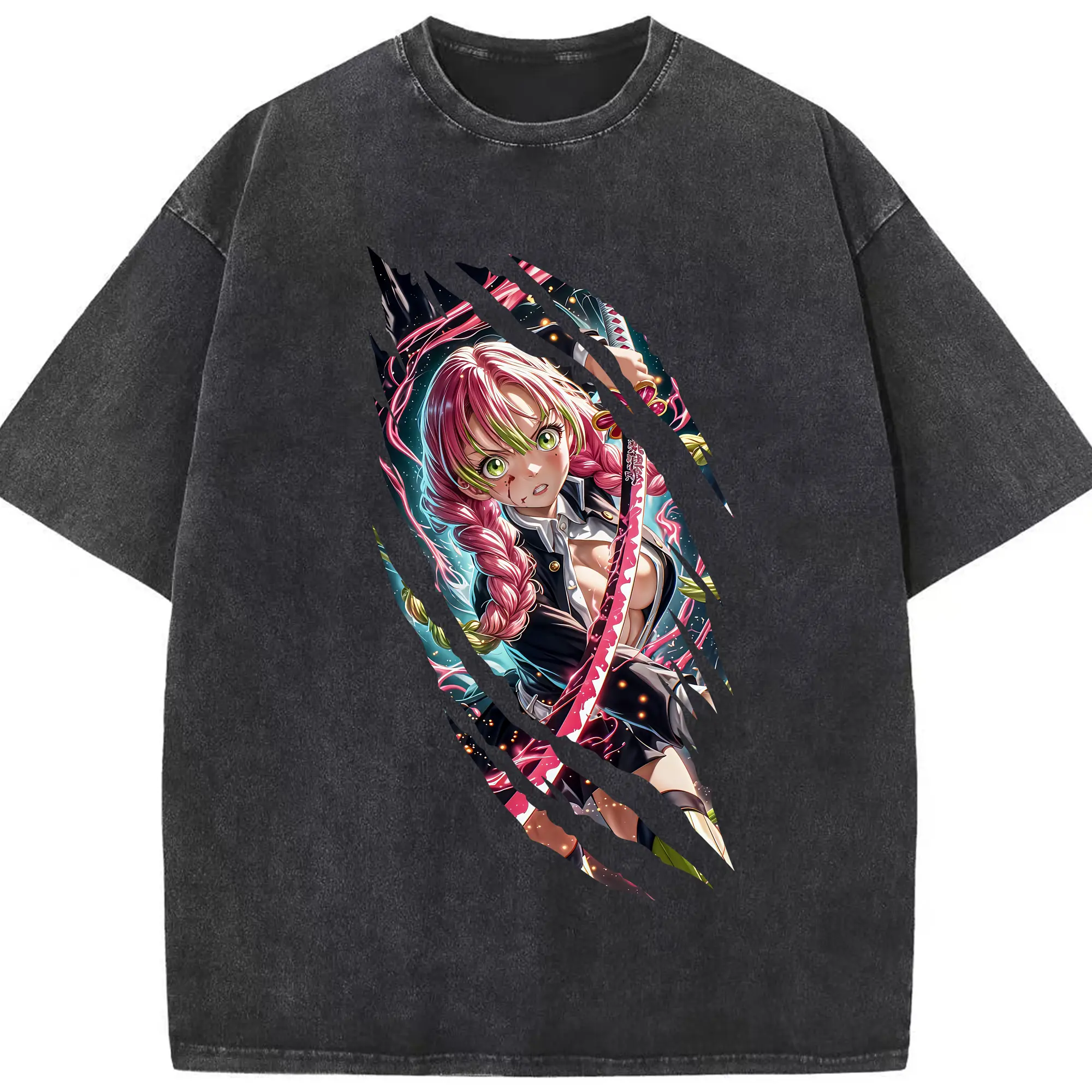 鬼滅の刃 グッズ,甘露寺 蜜璃 - 綿100％ ヴィンテージ風 半袖Tシャツ ・ フロントプリント ・ 柔らか肌触り ・ 通気性 快適 ・ スポーツ カジュアル 外出用