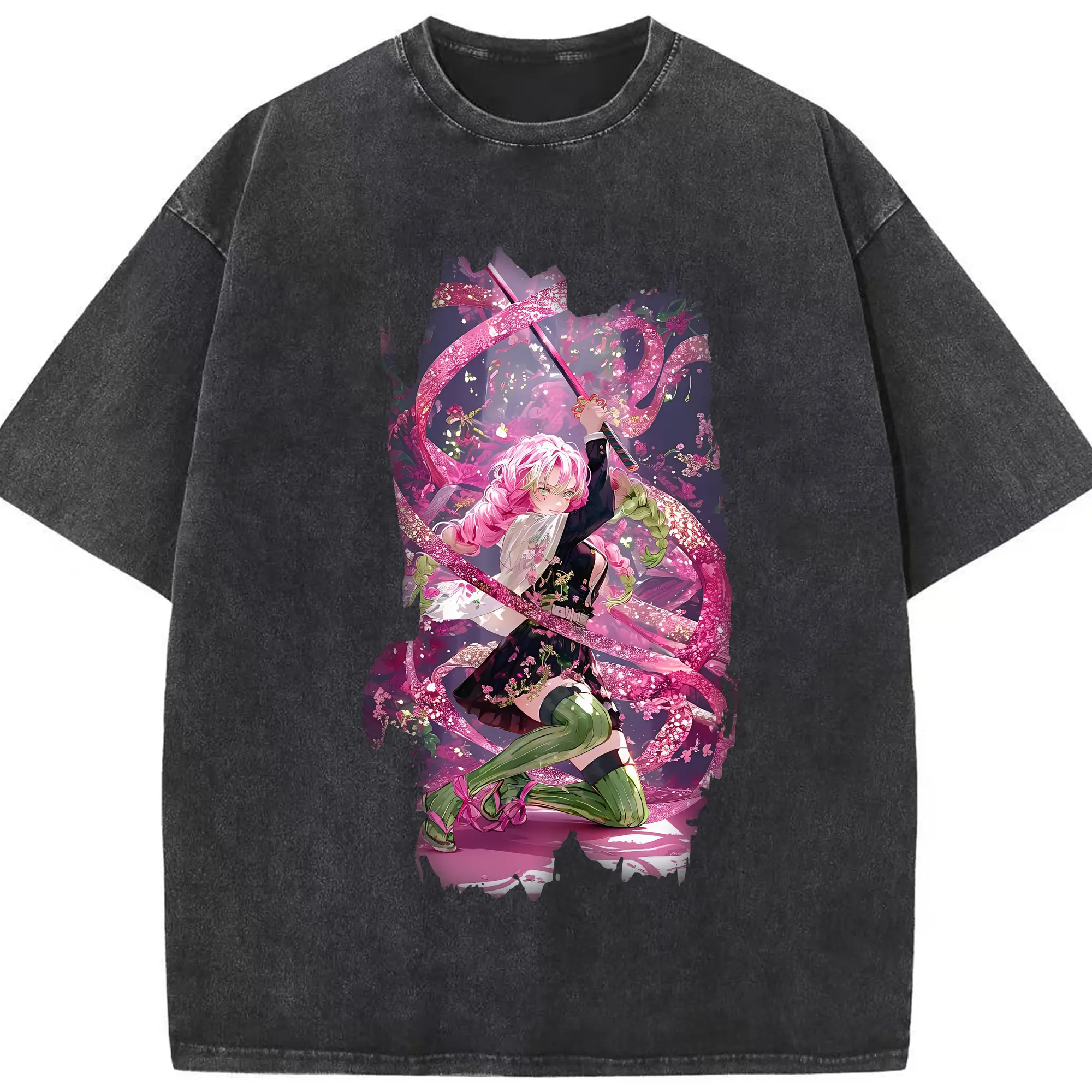 鬼滅の刃 グッズ,甘露寺 蜜璃 - 綿100％ ヴィンテージ風 半袖Tシャツ ・ フロントプリント ・ 柔らか肌触り ・ 通気性 快適 ・ スポーツ カジュアル 外出用