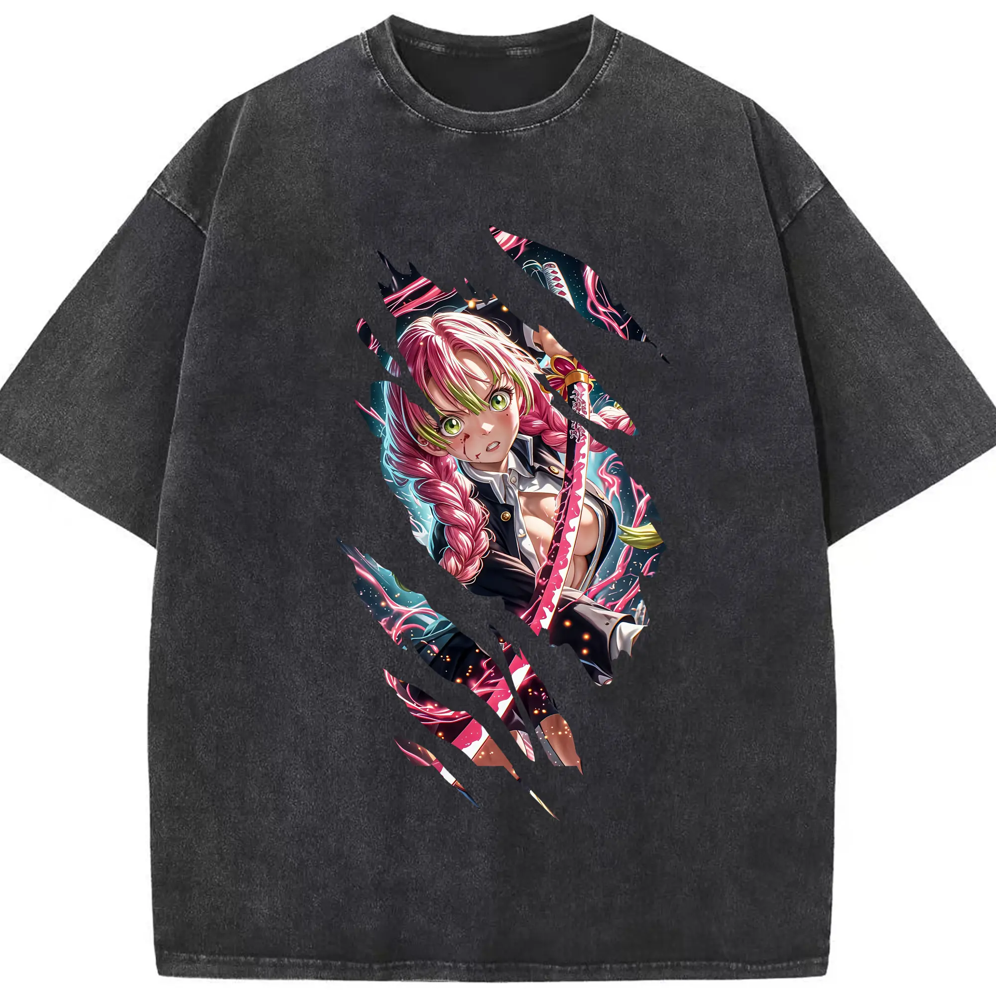 鬼滅の刃 グッズ,甘露寺 蜜璃 - 綿100％ ヴィンテージ風 半袖Tシャツ ・ フロントプリント ・ 柔らか肌触り ・ 通気性 快適 ・ スポーツ カジュアル 外出用