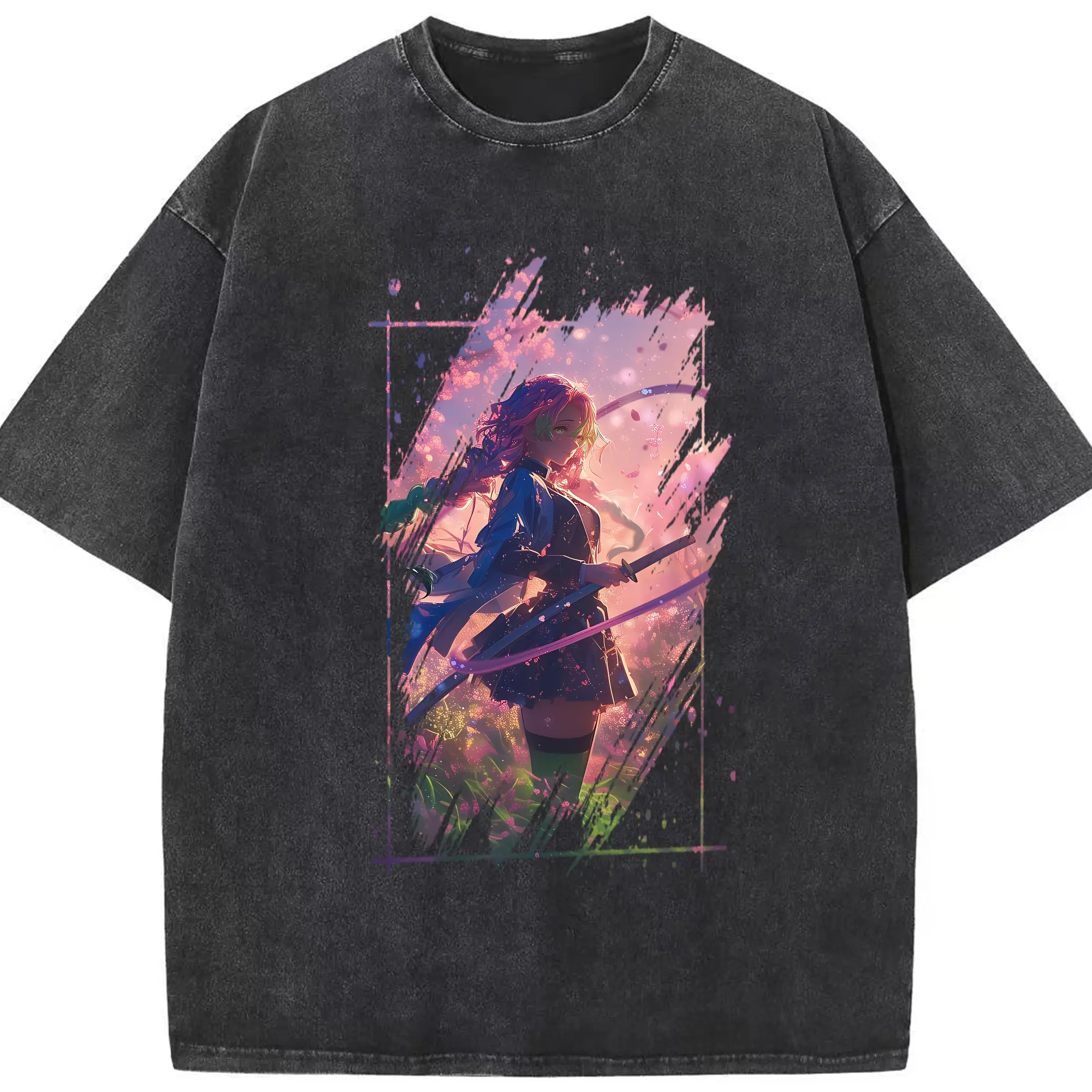 鬼滅の刃 グッズ,甘露寺 蜜璃 - 綿100％ ヴィンテージ風 半袖Tシャツ ・ フロントプリント ・ 柔らか肌触り ・ 通気性 快適 ・ スポーツ カジュアル 外出用