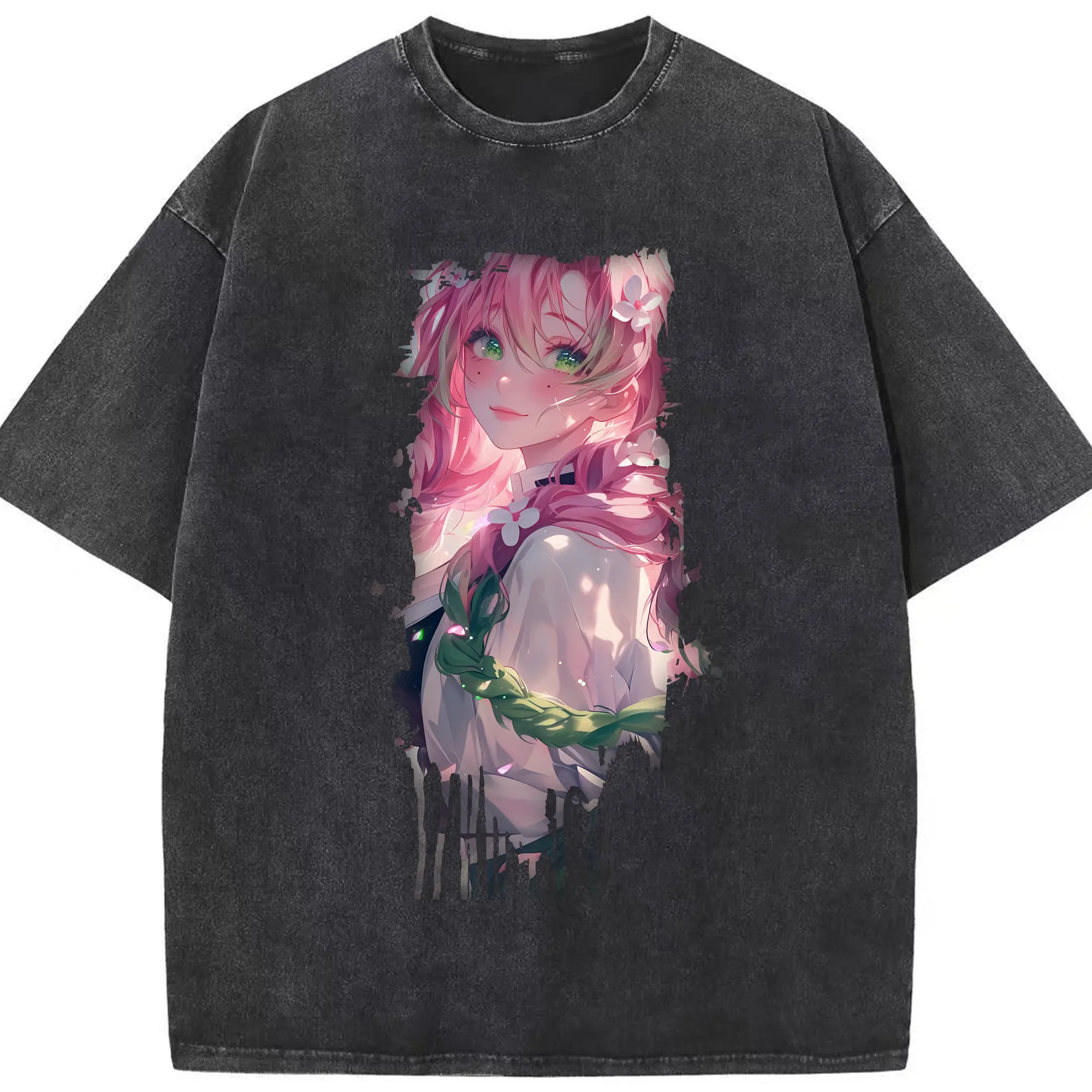 鬼滅の刃 グッズ,甘露寺 蜜璃 - 綿100％ ヴィンテージ風 半袖Tシャツ ・ フロントプリント ・ 柔らか肌触り ・ 通気性 快適 ・ スポーツ カジュアル 外出用