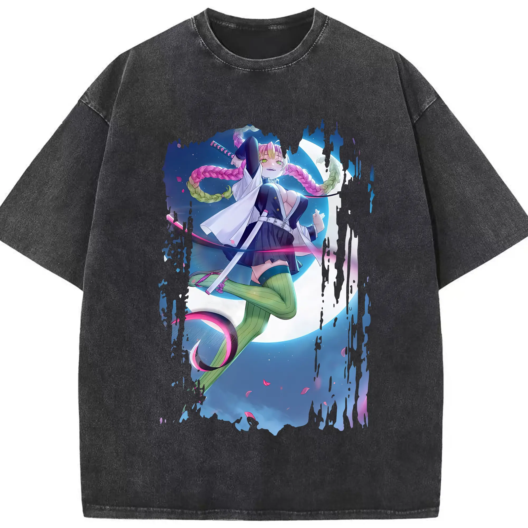 鬼滅の刃 グッズ,甘露寺 蜜璃 - 綿100％ ヴィンテージ風 半袖Tシャツ ・ フロントプリント ・ 柔らか肌触り ・ 通気性 快適 ・ スポーツ カジュアル 外出用