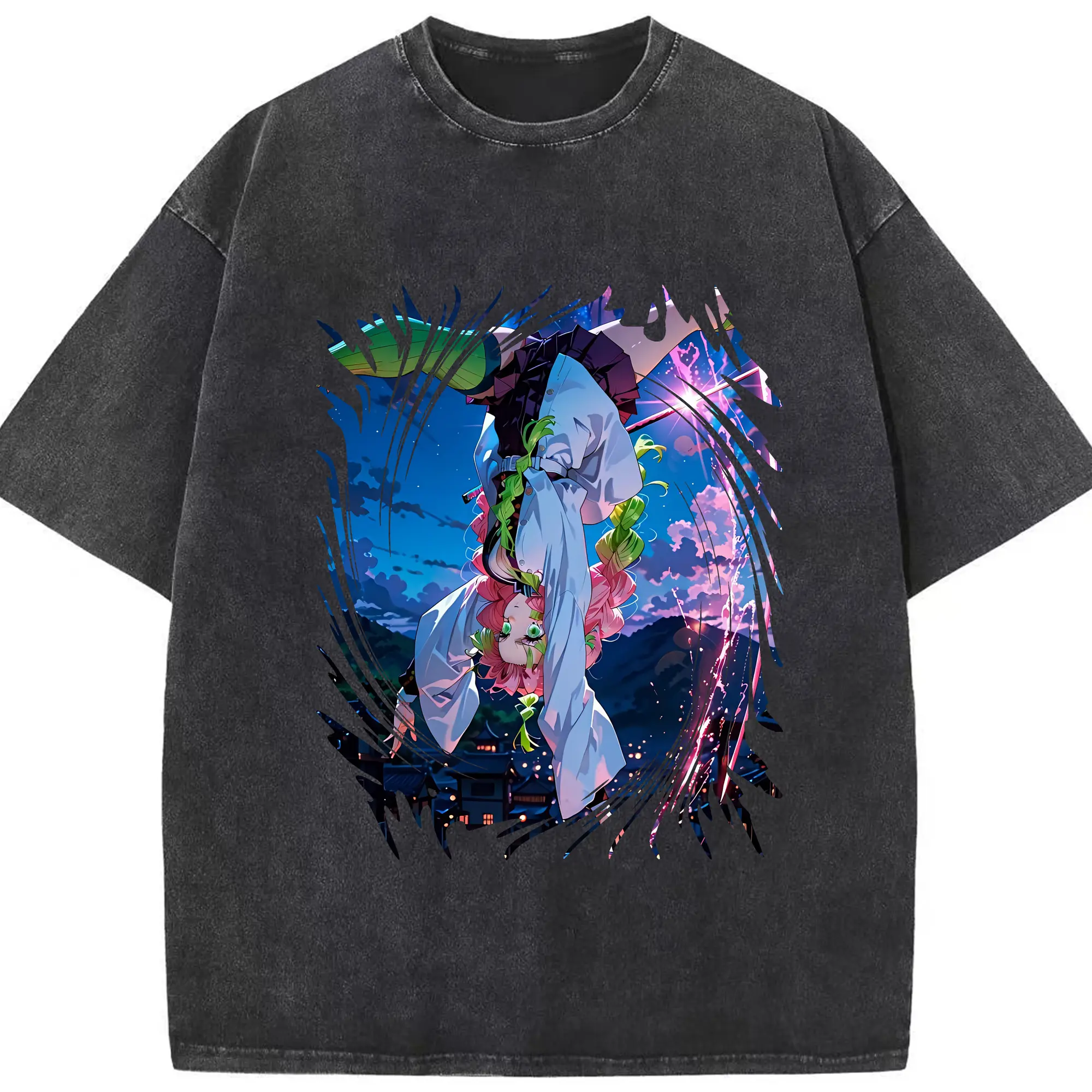 鬼滅の刃 グッズ,甘露寺 蜜璃 - 綿100％ ヴィンテージ風 半袖Tシャツ ・ フロントプリント ・ 柔らか肌触り ・ 通気性 快適 ・ スポーツ カジュアル 外出用