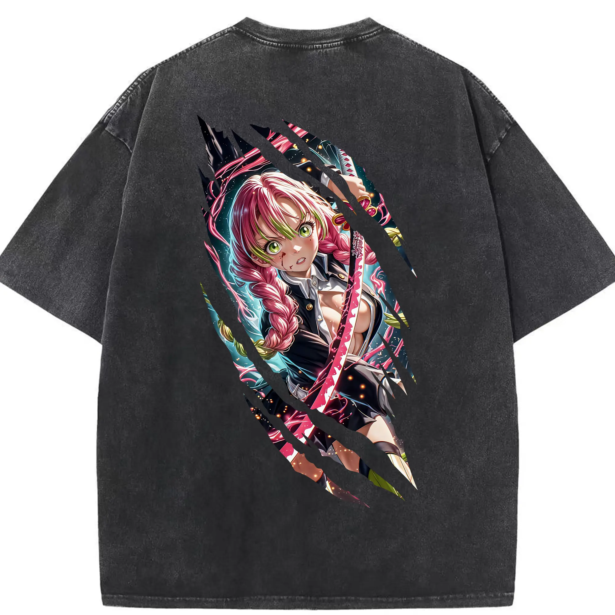 鬼滅の刃 グッズ,甘露寺 蜜璃 - 綿100％ ヴィンテージ風 半袖Tシャツ ・ 背面プリント ・ 柔らか肌触り ・ 通気性 快適 ・ スポーツ カジュアル 外出用