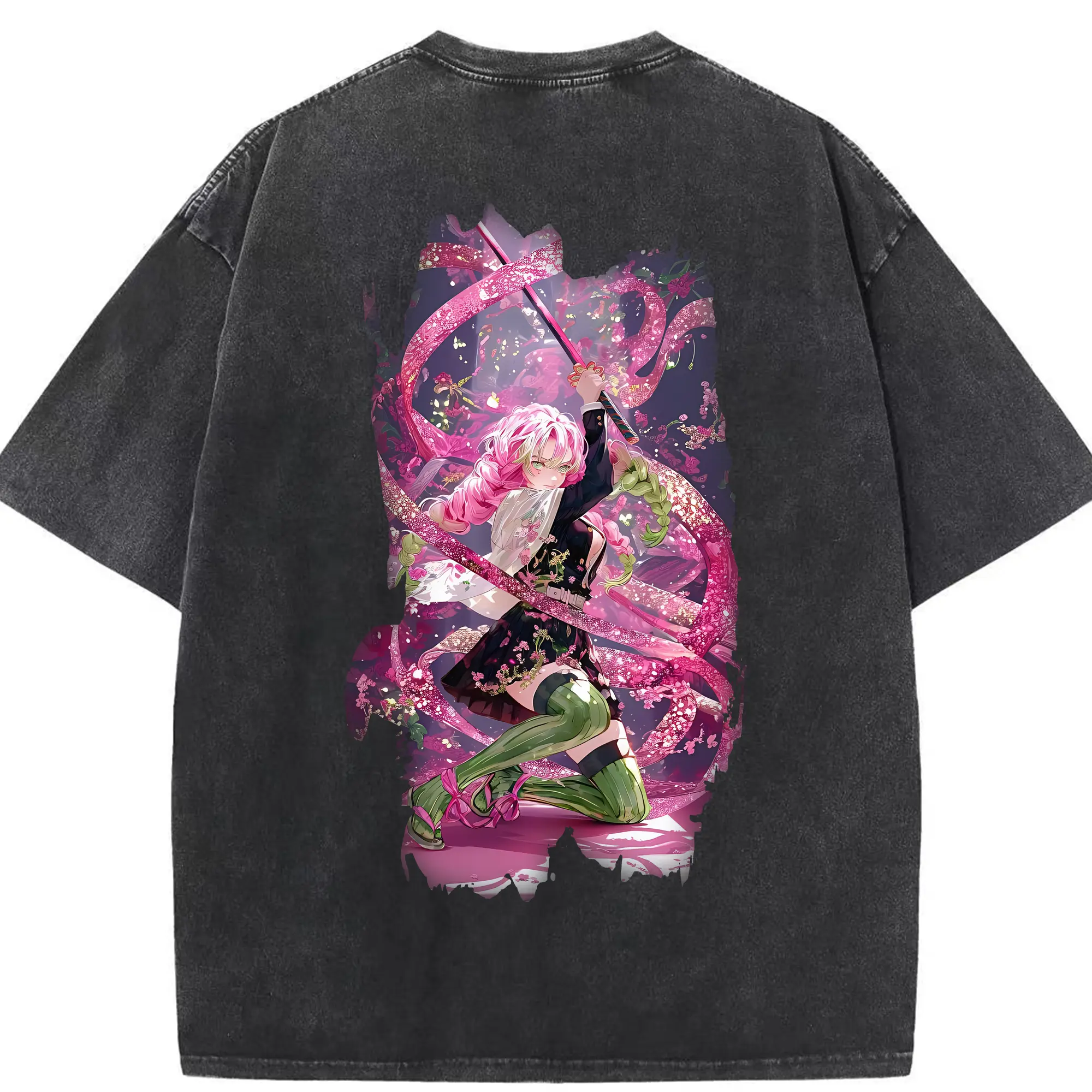 鬼滅の刃 グッズ,甘露寺 蜜璃 - 綿100％ ヴィンテージ風 半袖Tシャツ ・ 背面プリント ・ 柔らか肌触り ・ 通気性 快適 ・ スポーツ カジュアル 外出用