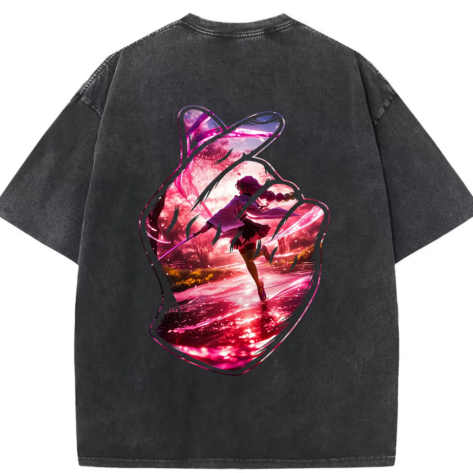 鬼滅の刃 グッズ,甘露寺 蜜璃 - 綿100％ ヴィンテージ風 半袖Tシャツ ・ 背面プリント ・ 柔らか肌触り ・ 通気性 快適 ・ スポーツ カジュアル 外出用