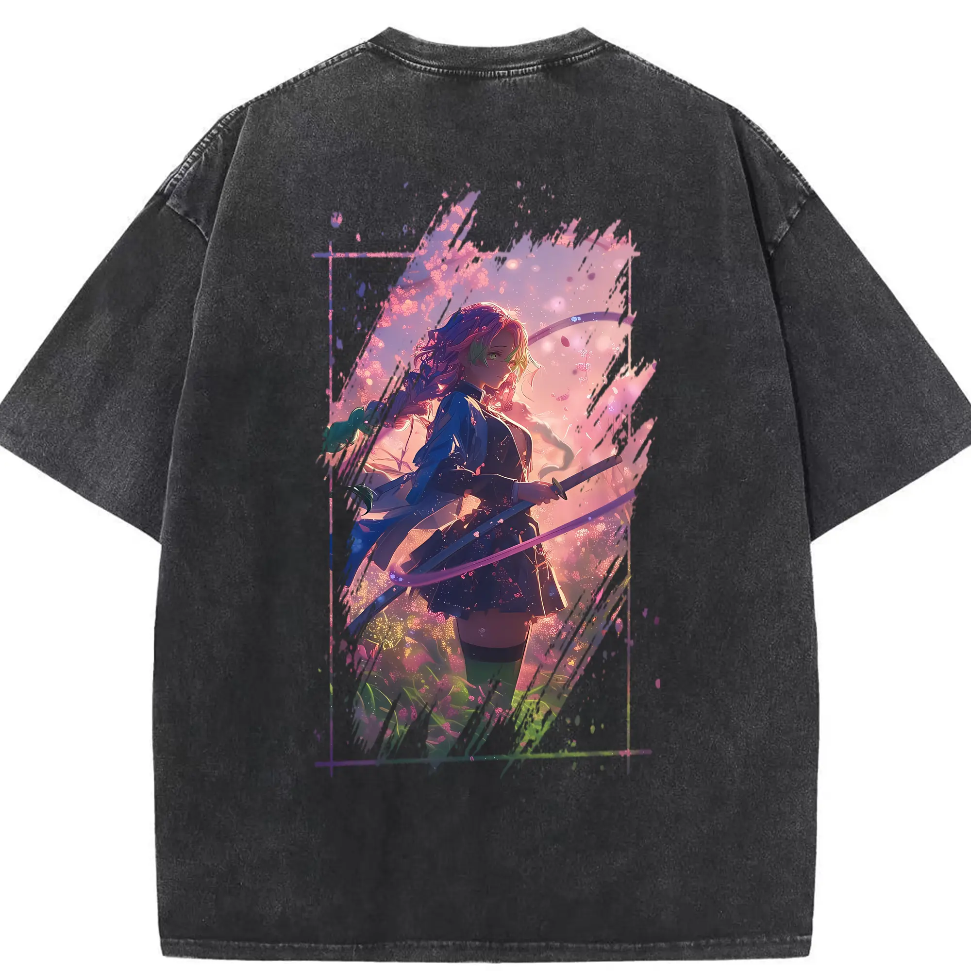 鬼滅の刃 グッズ,甘露寺 蜜璃 - 綿100％ ヴィンテージ風 半袖Tシャツ ・ 背面プリント ・ 柔らか肌触り ・ 通気性 快適 ・ スポーツ カジュアル 外出用