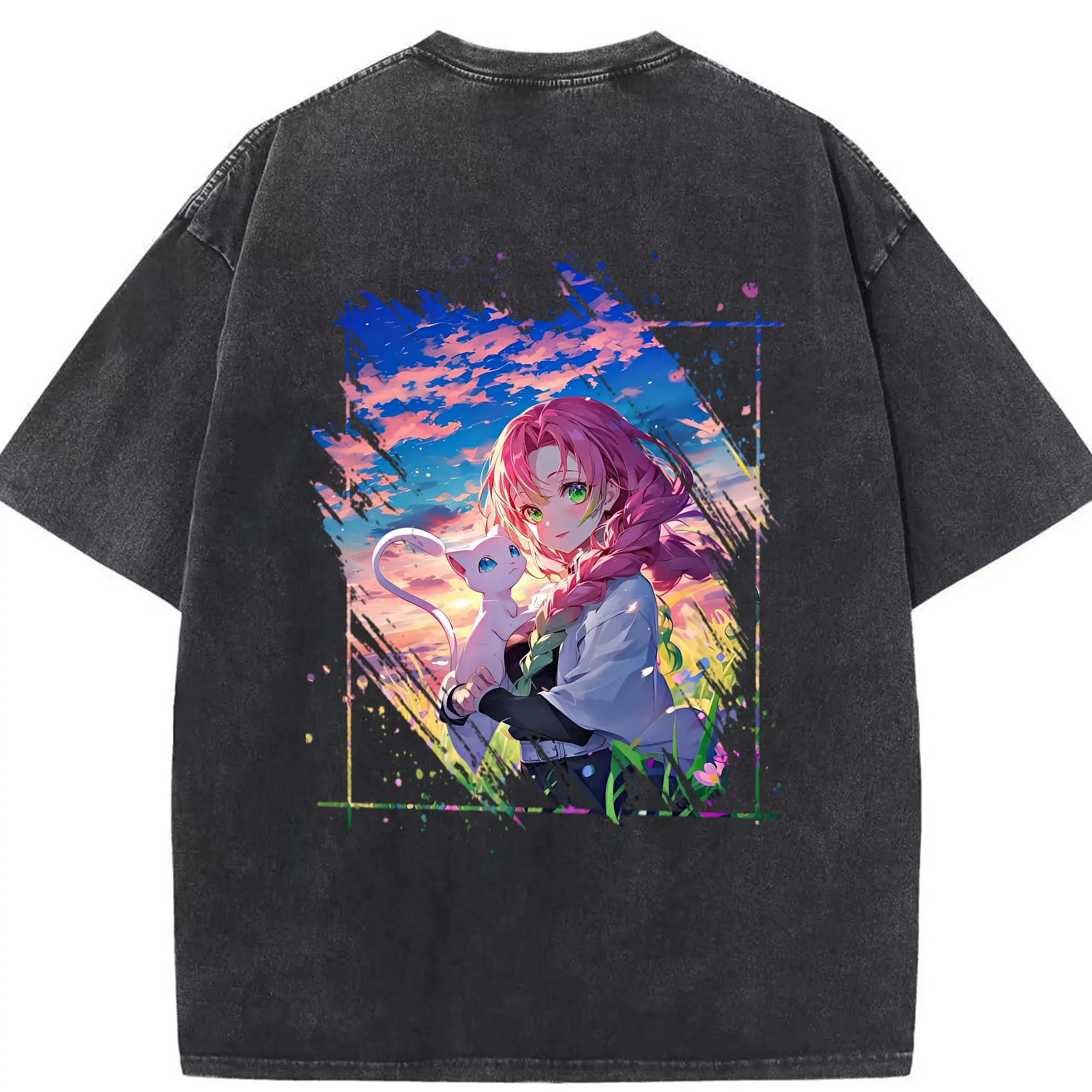 鬼滅の刃 グッズ,甘露寺 蜜璃 - 綿100％ ヴィンテージ風 半袖Tシャツ ・ 背面プリント ・ 柔らか肌触り ・ 通気性 快適 ・ スポーツ カジュアル 外出用