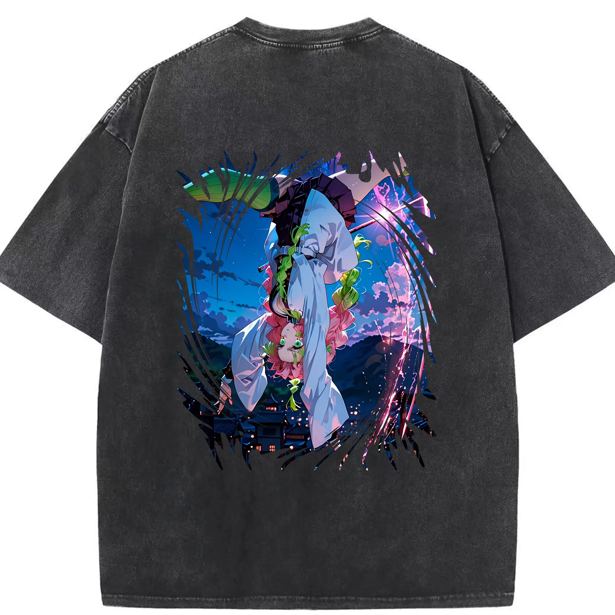 鬼滅の刃 グッズ,甘露寺 蜜璃 - 綿100％ ヴィンテージ風 半袖Tシャツ ・ 背面プリント ・ 柔らか肌触り ・ 通気性 快適 ・ スポーツ カジュアル 外出用