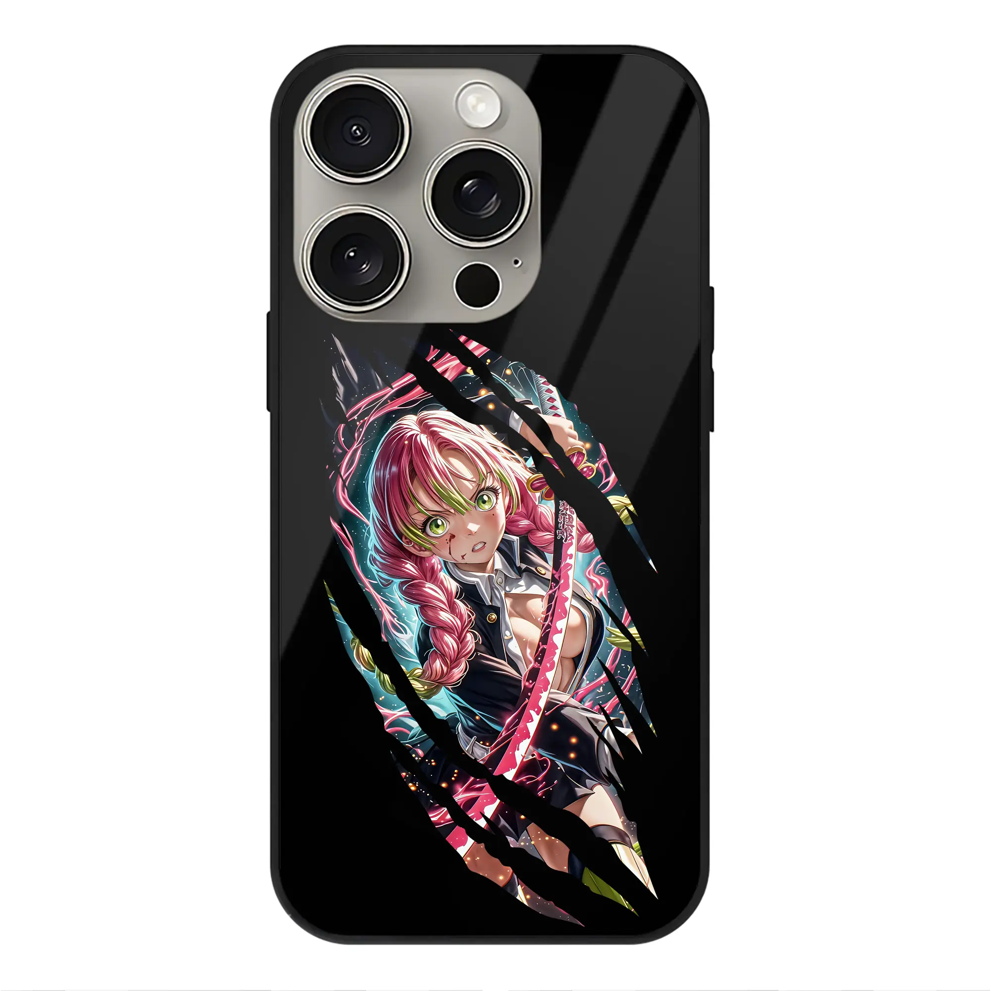 鬼滅の刃 グッズ,甘露寺 蜜璃 - IPhone15Pro対応 ・ スマホケース ・ 背面ガラス ・ TPU+強化ガラス ・ 耐衝撃 ・ 黄変防止 ・ ワイヤレス充電対応 ・ 3D立体ボタン