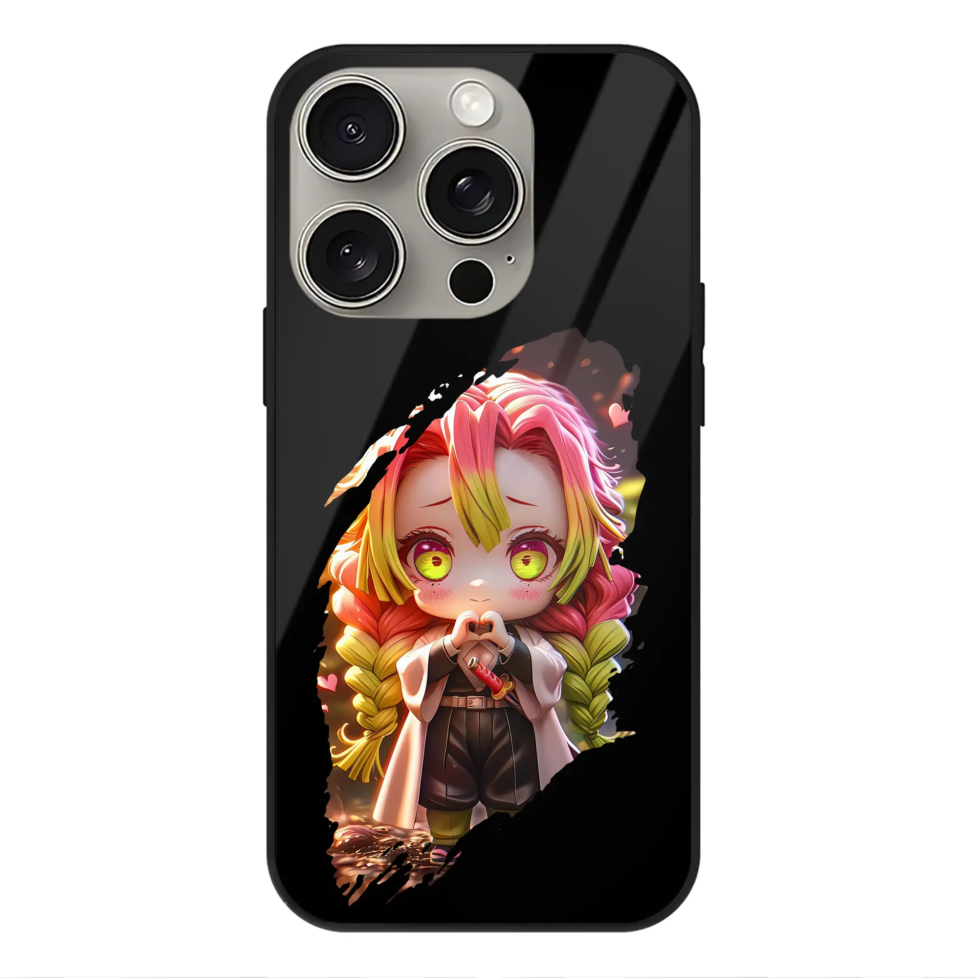 鬼滅の刃 グッズ,甘露寺 蜜璃 - IPhone15Pro対応 ・ スマホケース ・ 背面ガラス ・ TPU+強化ガラス ・ 耐衝撃 ・ 黄変防止 ・ ワイヤレス充電対応 ・ 3D立体ボタン