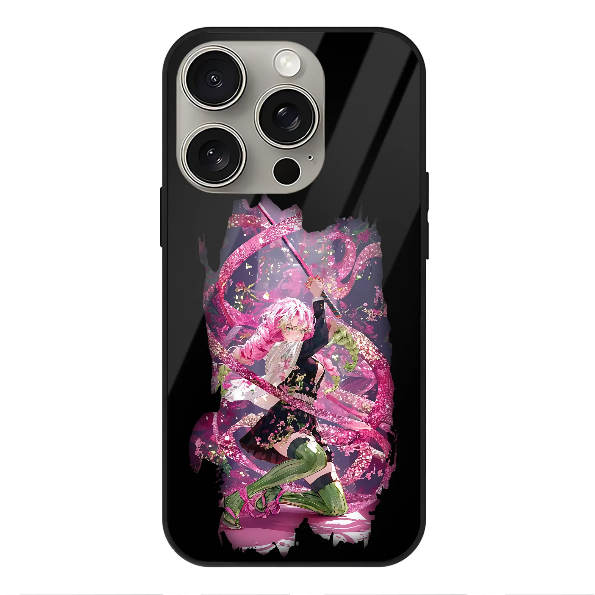 鬼滅の刃 グッズ,甘露寺 蜜璃 - IPhone15Pro対応 ・ スマホケース ・ 背面ガラス ・ TPU+強化ガラス ・ 耐衝撃 ・ 黄変防止 ・ ワイヤレス充電対応 ・ 3D立体ボタン