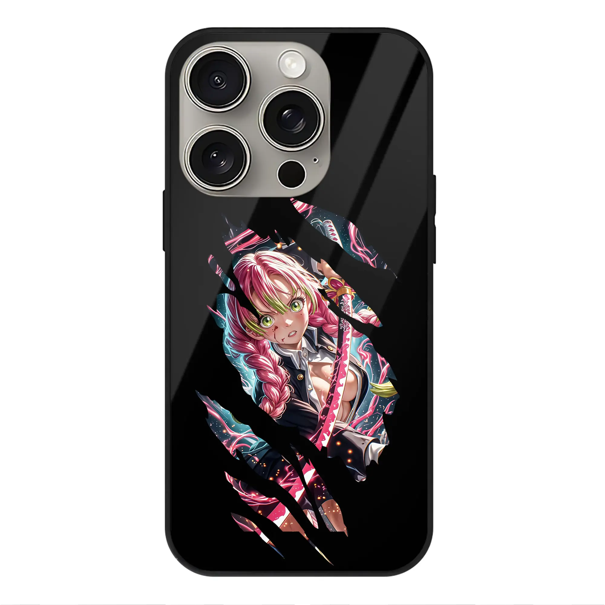 鬼滅の刃 グッズ,甘露寺 蜜璃 - IPhone15Pro対応 ・ スマホケース ・ 背面ガラス ・ TPU+強化ガラス ・ 耐衝撃 ・ 黄変防止 ・ ワイヤレス充電対応 ・ 3D立体ボタン