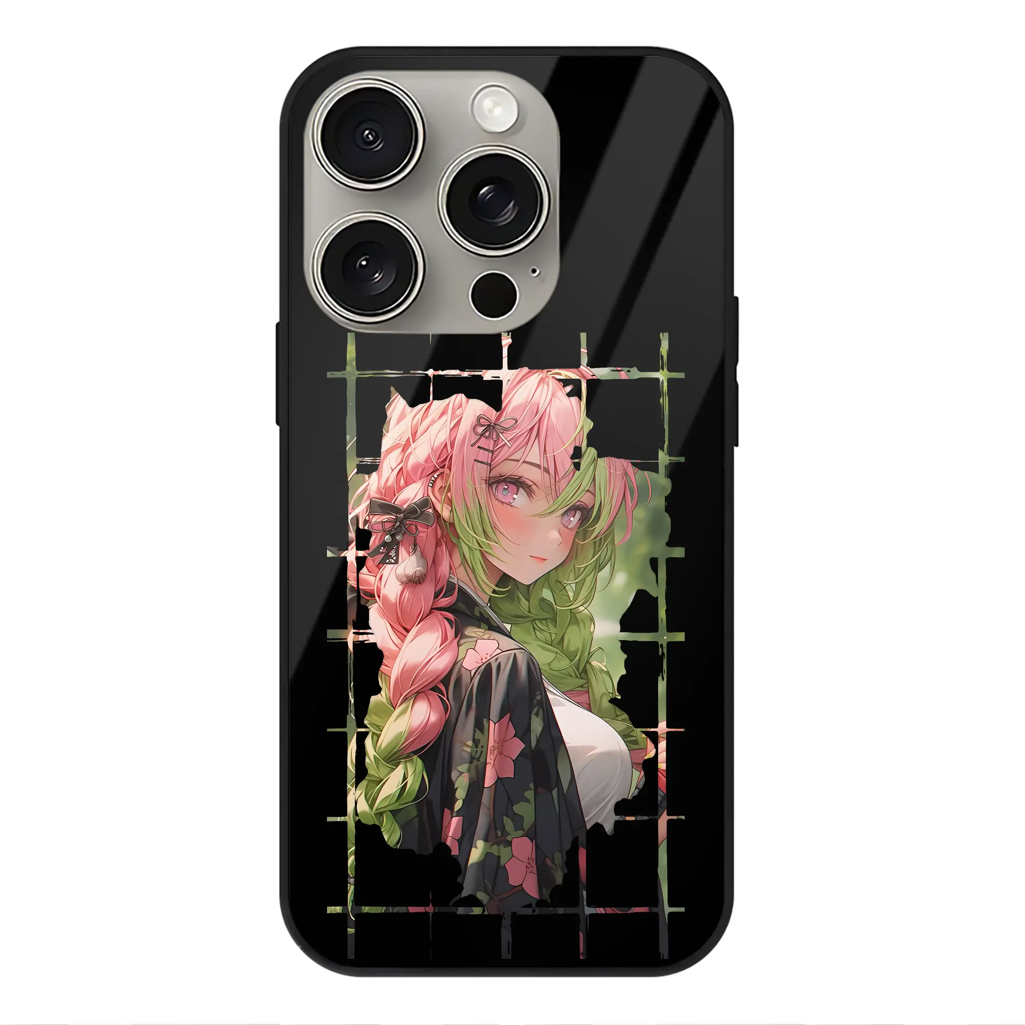 鬼滅の刃 グッズ,甘露寺 蜜璃 - IPhone15Pro対応 ・ スマホケース ・ 背面ガラス ・ TPU+強化ガラス ・ 耐衝撃 ・ 黄変防止 ・ ワイヤレス充電対応 ・ 3D立体ボタン