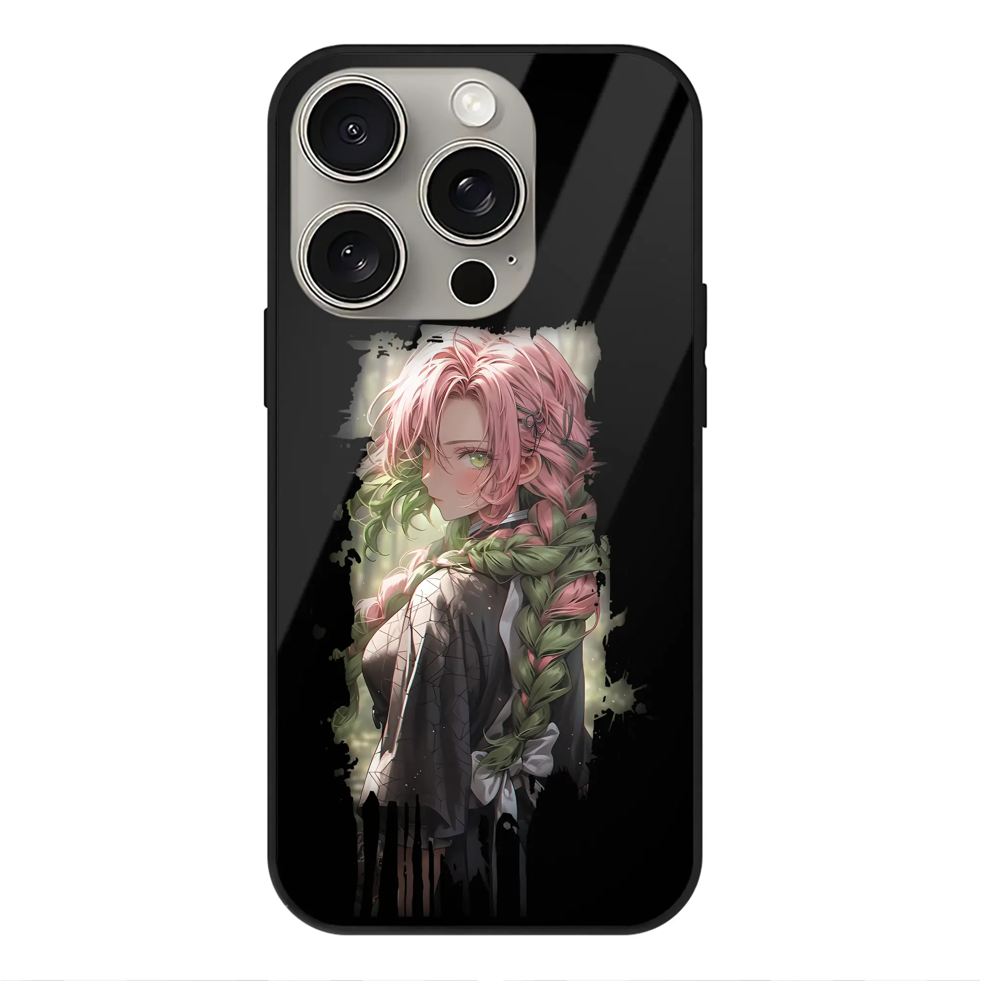 鬼滅の刃 グッズ,甘露寺 蜜璃 - IPhone15Pro対応 ・ スマホケース ・ 背面ガラス ・ TPU+強化ガラス ・ 耐衝撃 ・ 黄変防止 ・ ワイヤレス充電対応 ・ 3D立体ボタン