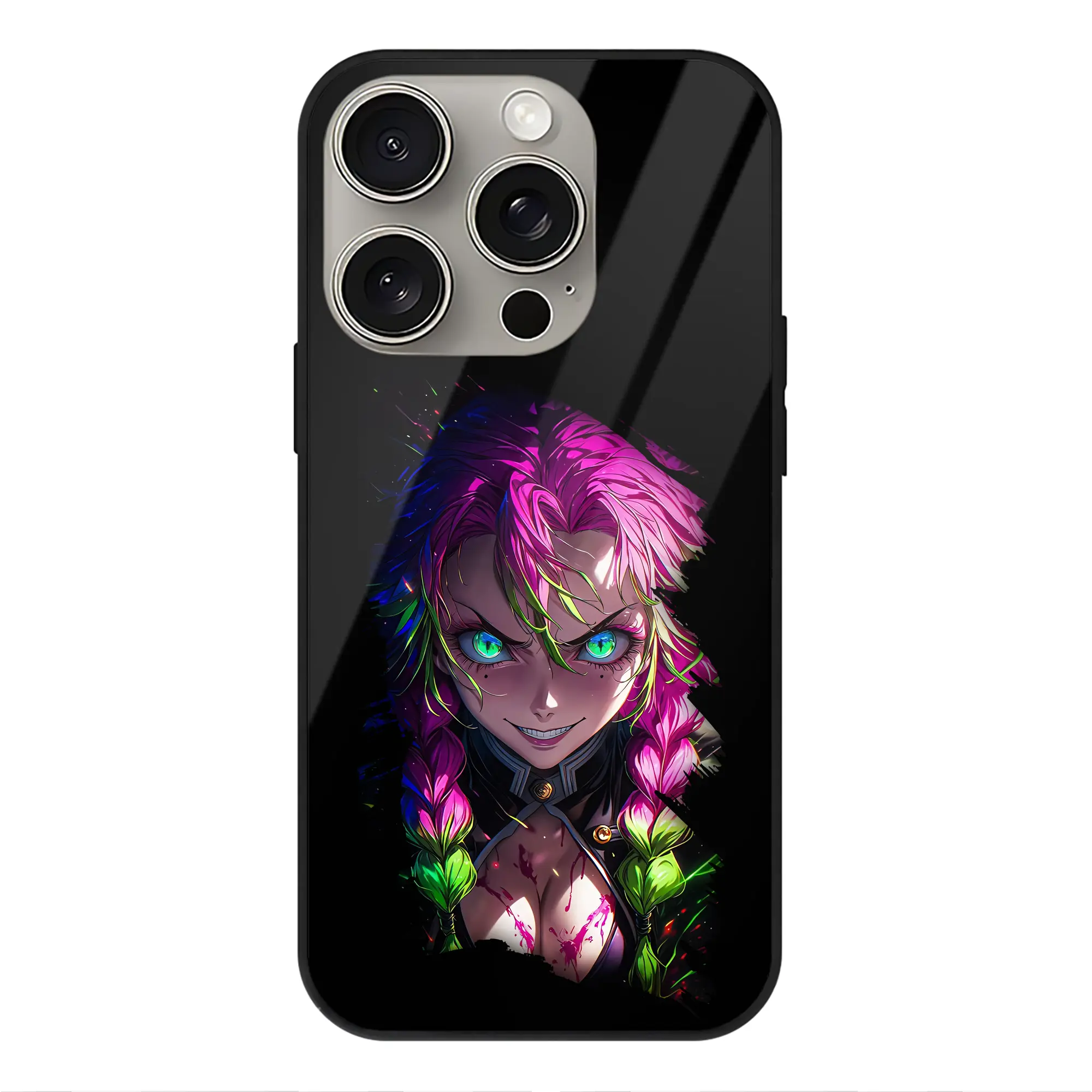 鬼滅の刃 グッズ,甘露寺 蜜璃 - IPhone15Pro対応 ・ スマホケース ・ 背面ガラス ・ TPU+強化ガラス ・ 耐衝撃 ・ 黄変防止 ・ ワイヤレス充電対応 ・ 3D立体ボタン