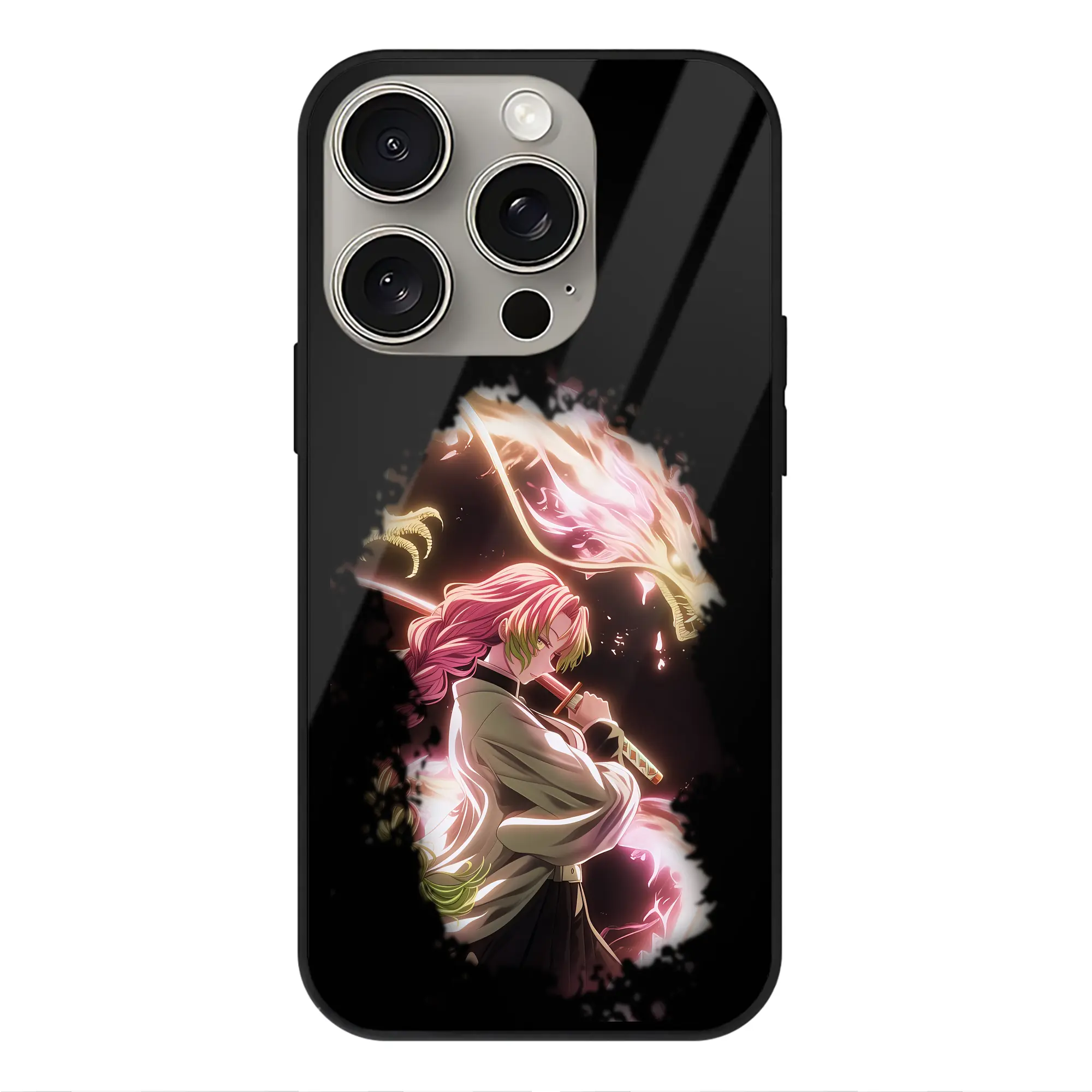 鬼滅の刃 グッズ,甘露寺 蜜璃 - IPhone15Pro対応 ・ スマホケース ・ 背面ガラス ・ TPU+強化ガラス ・ 耐衝撃 ・ 黄変防止 ・ ワイヤレス充電対応 ・ 3D立体ボタン