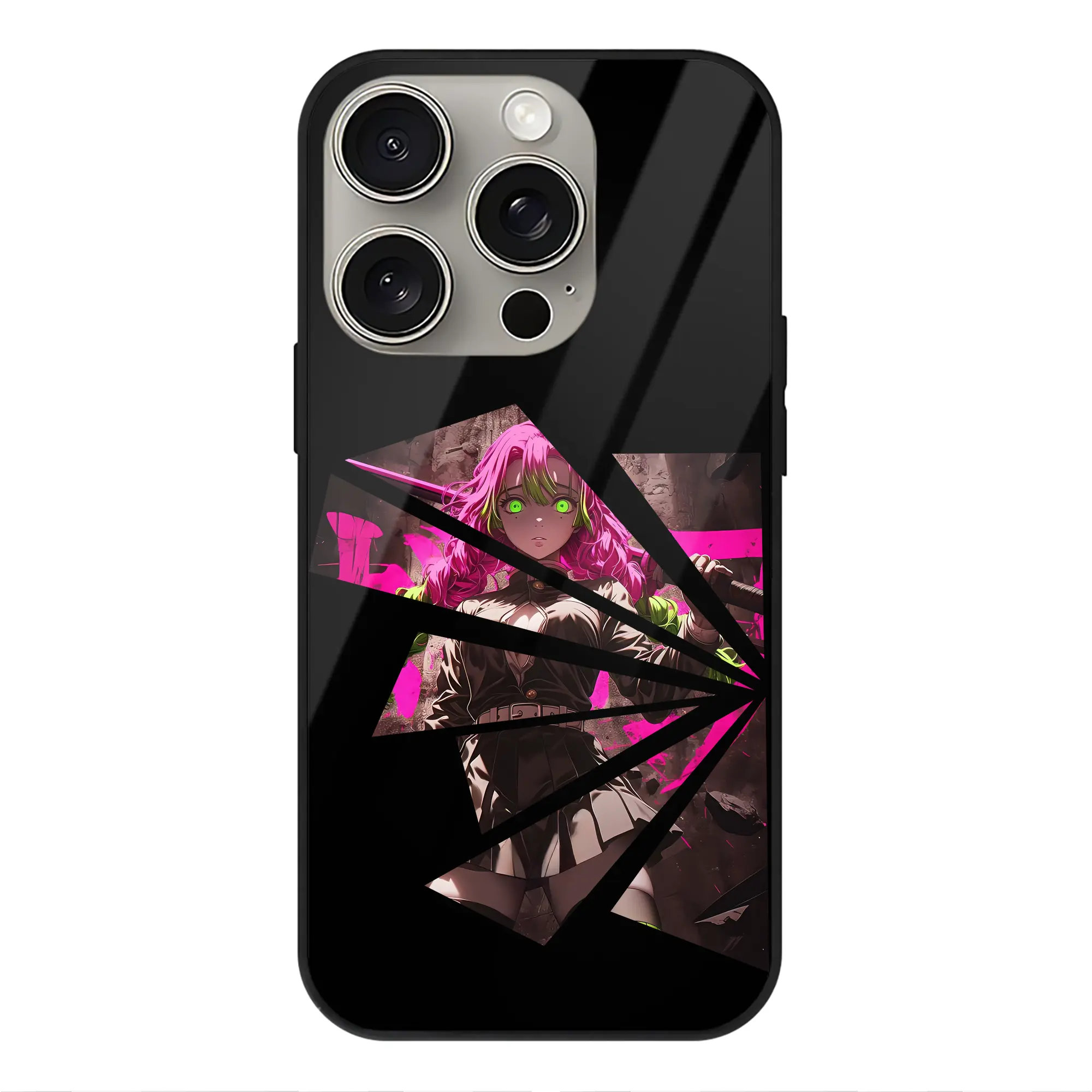 鬼滅の刃 グッズ,甘露寺 蜜璃 - IPhone15Pro対応 ・ スマホケース ・ 背面ガラス ・ TPU+強化ガラス ・ 耐衝撃 ・ 黄変防止 ・ ワイヤレス充電対応 ・ 3D立体ボタン