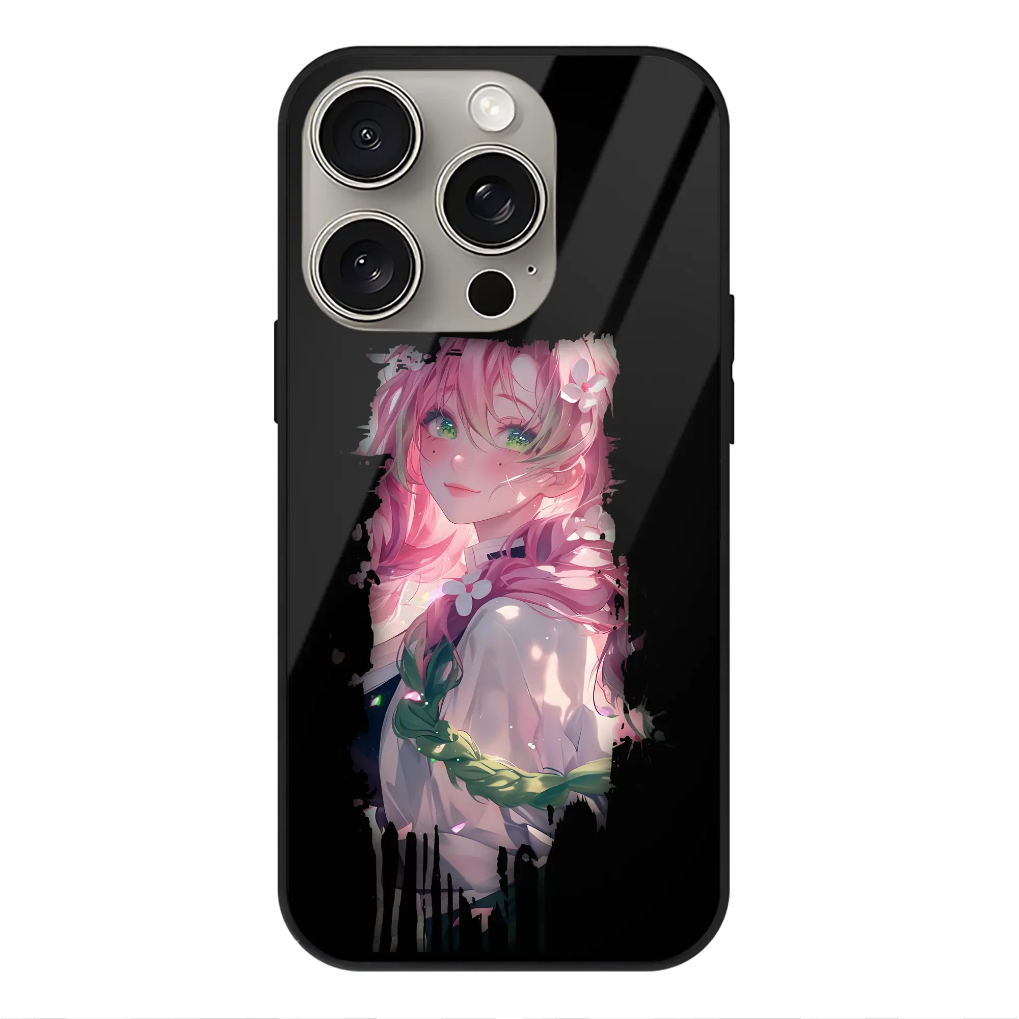 鬼滅の刃 グッズ,甘露寺 蜜璃 - IPhone15Pro対応 ・ スマホケース ・ 背面ガラス ・ TPU+強化ガラス ・ 耐衝撃 ・ 黄変防止 ・ ワイヤレス充電対応 ・ 3D立体ボタン