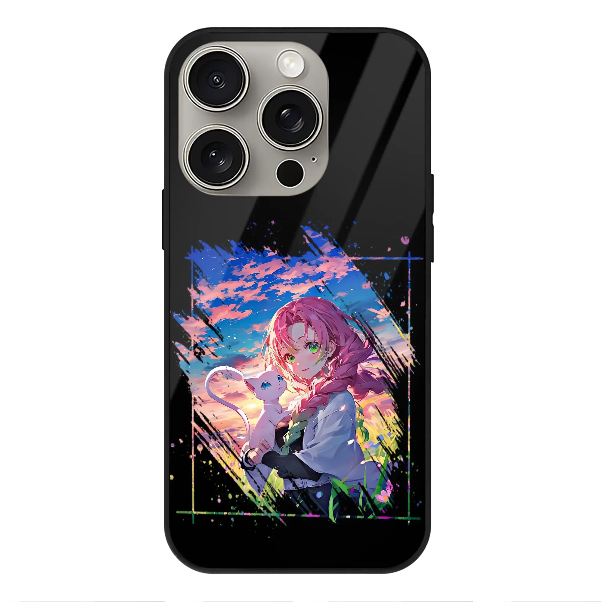 鬼滅の刃 グッズ,甘露寺 蜜璃 - IPhone15Pro対応 ・ スマホケース ・ 背面ガラス ・ TPU+強化ガラス ・ 耐衝撃 ・ 黄変防止 ・ ワイヤレス充電対応 ・ 3D立体ボタン