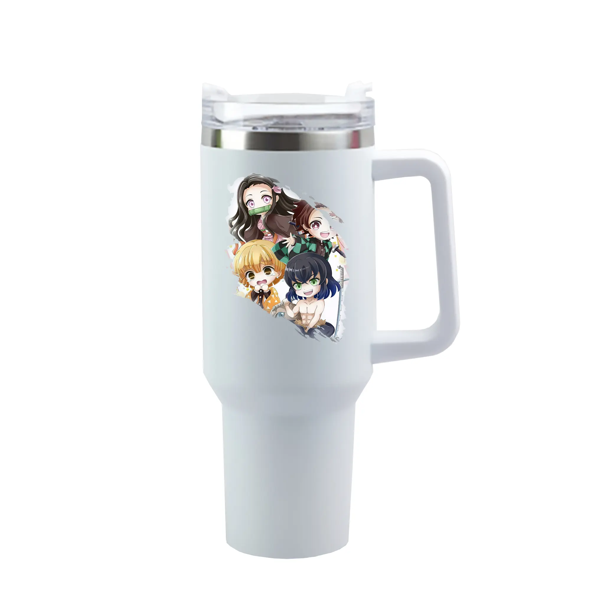 鬼滅の刃 グッズ,竈門 禰豆子 - 1200mL 車用タンブラー ・ クリスタルステッカー ・ 304ステンレス 内側 ・ 201ステンレス 外側 ・ 保温 保冷 ・ ハンドル＆ストロー付き ・ 通勤 ドライブ アウトドア用