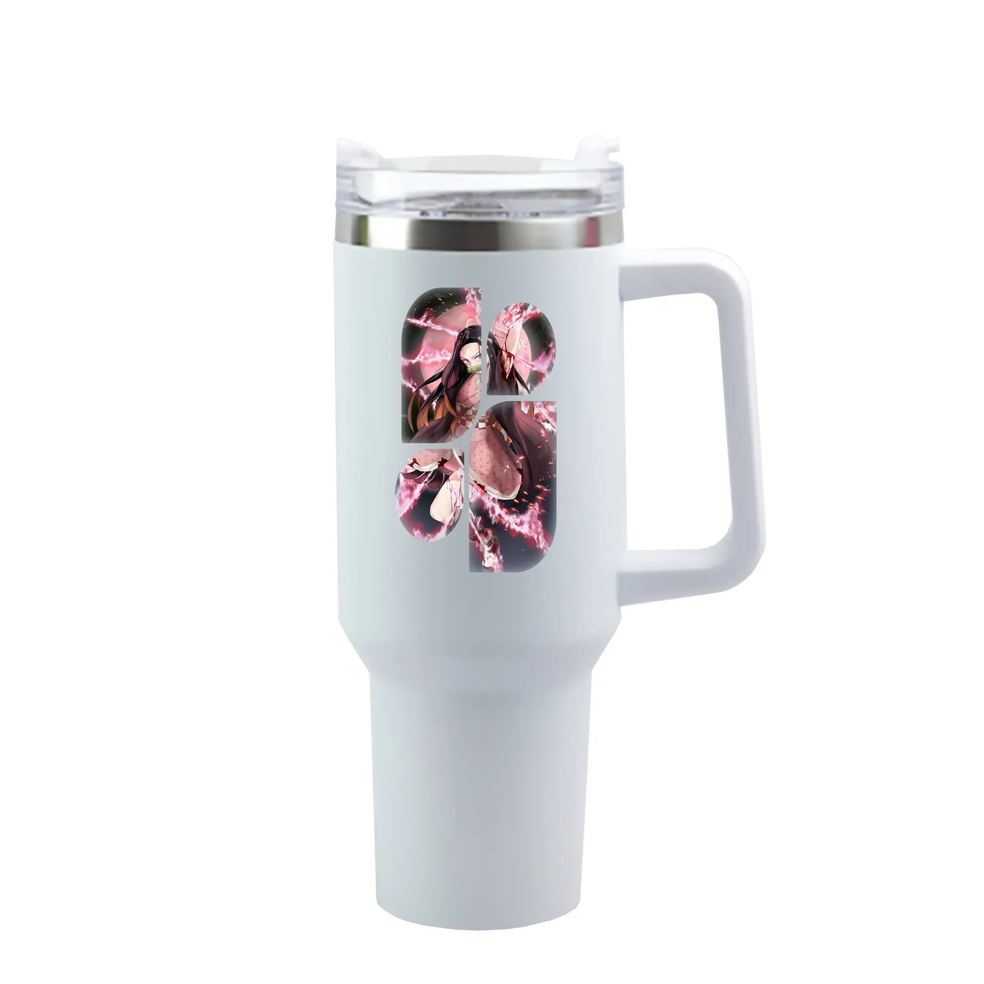 鬼滅の刃 グッズ,竈門 禰豆子 - 1200mL 車用タンブラー ・ クリスタルステッカー ・ 304ステンレス 内側 ・ 201ステンレス 外側 ・ 保温 保冷 ・ ハンドル＆ストロー付き ・ 通勤 ドライブ アウトドア用