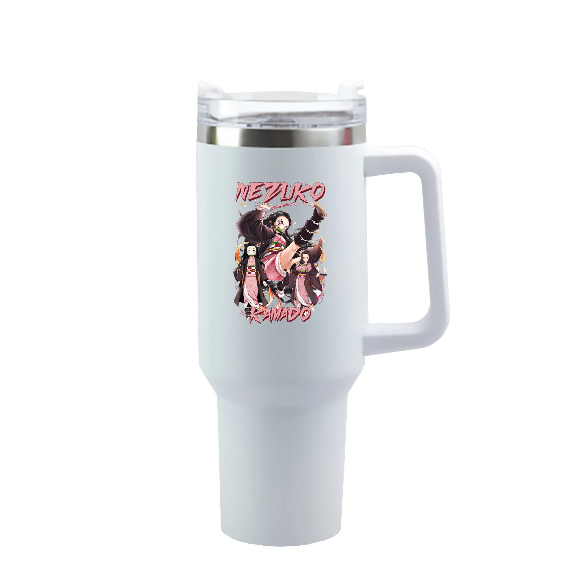 鬼滅の刃 グッズ,竈門 禰豆子 - 1200mL 車用タンブラー ・ クリスタルステッカー ・ 304ステンレス 内側 ・ 201ステンレス 外側 ・ 保温 保冷 ・ ハンドル＆ストロー付き ・ 通勤 ドライブ アウトドア用