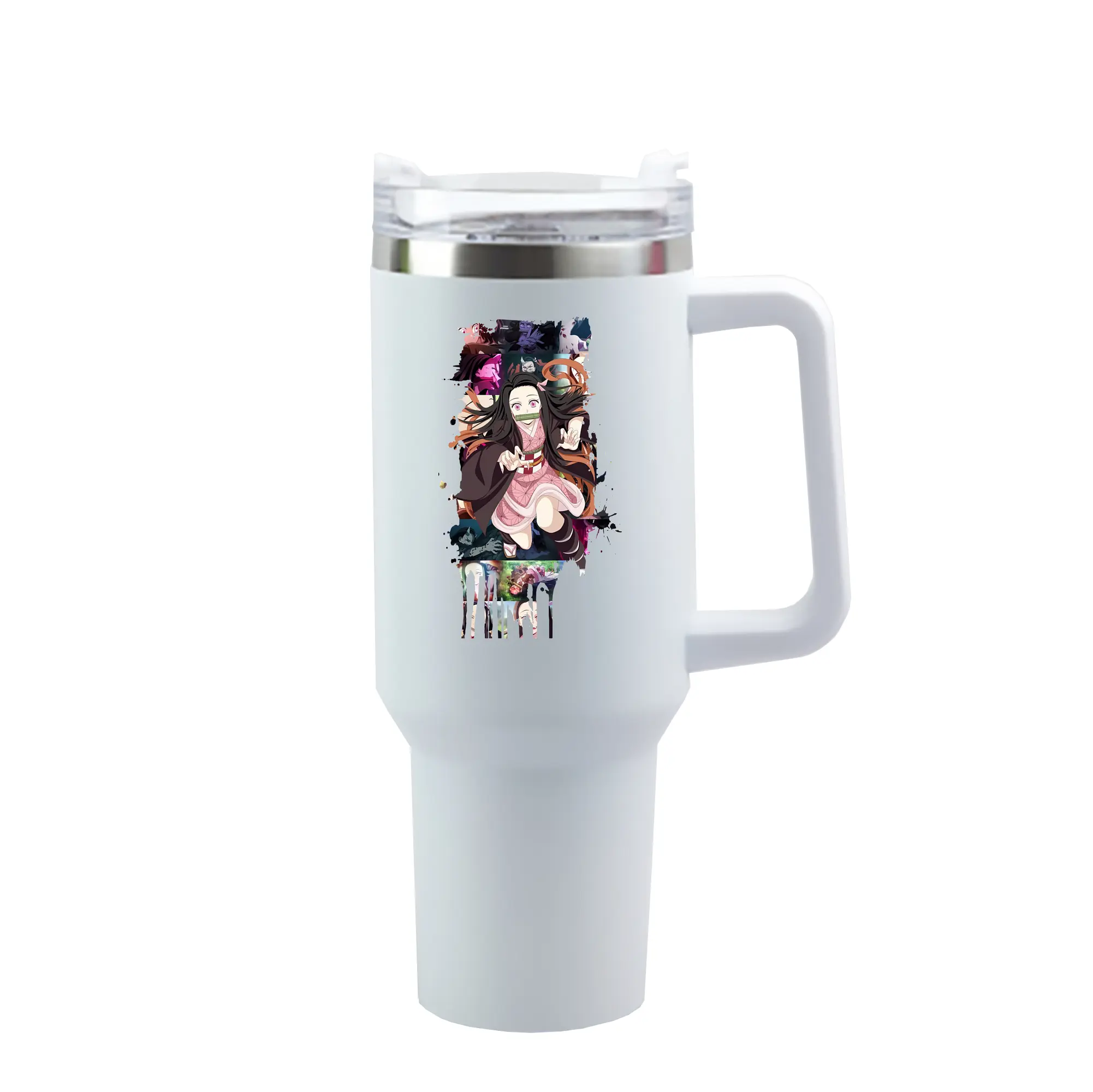 鬼滅の刃 グッズ,竈門 禰豆子 - 1200mL 車用タンブラー ・ クリスタルステッカー ・ 304ステンレス 内側 ・ 201ステンレス 外側 ・ 保温 保冷 ・ ハンドル＆ストロー付き ・ 通勤 ドライブ アウトドア用