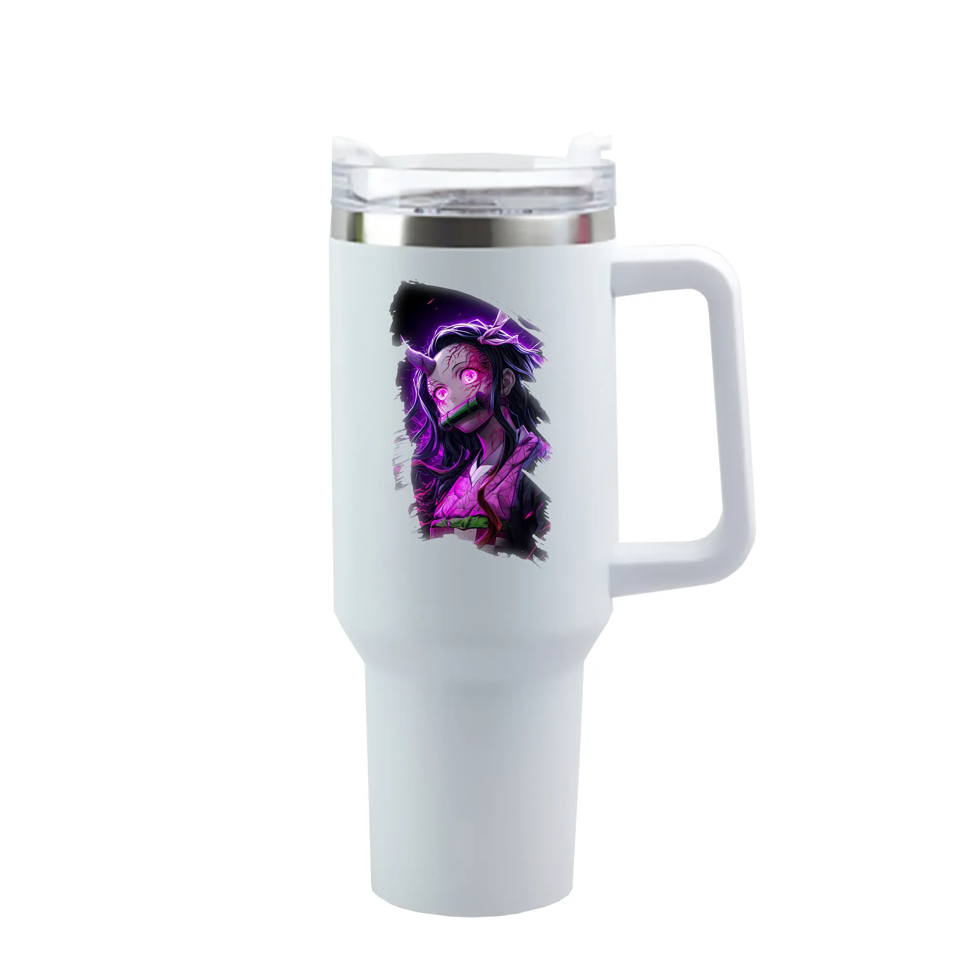 鬼滅の刃 グッズ,竈門 禰豆子 - 1200mL 車用タンブラー ・ クリスタルステッカー ・ 304ステンレス 内側 ・ 201ステンレス 外側 ・ 保温 保冷 ・ ハンドル＆ストロー付き ・ 通勤 ドライブ アウトドア用