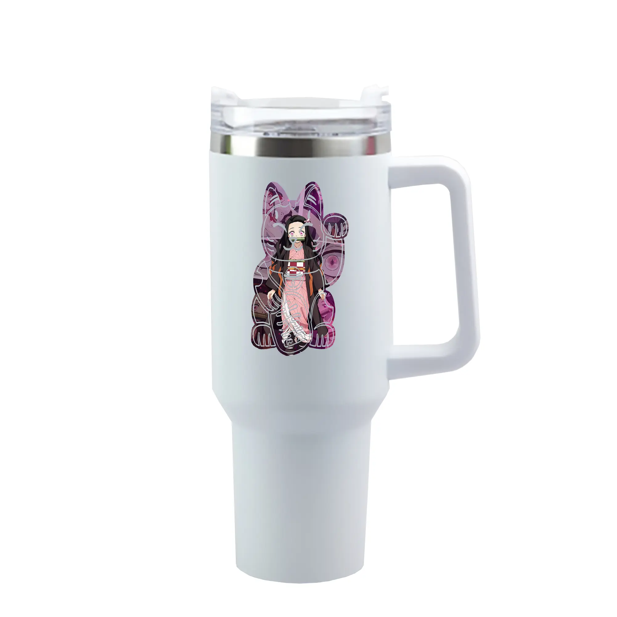 鬼滅の刃 グッズ,竈門 禰豆子 - 1200mL 車用タンブラー ・ クリスタルステッカー ・ 304ステンレス 内側 ・ 201ステンレス 外側 ・ 保温 保冷 ・ ハンドル＆ストロー付き ・ 通勤 ドライブ アウトドア用