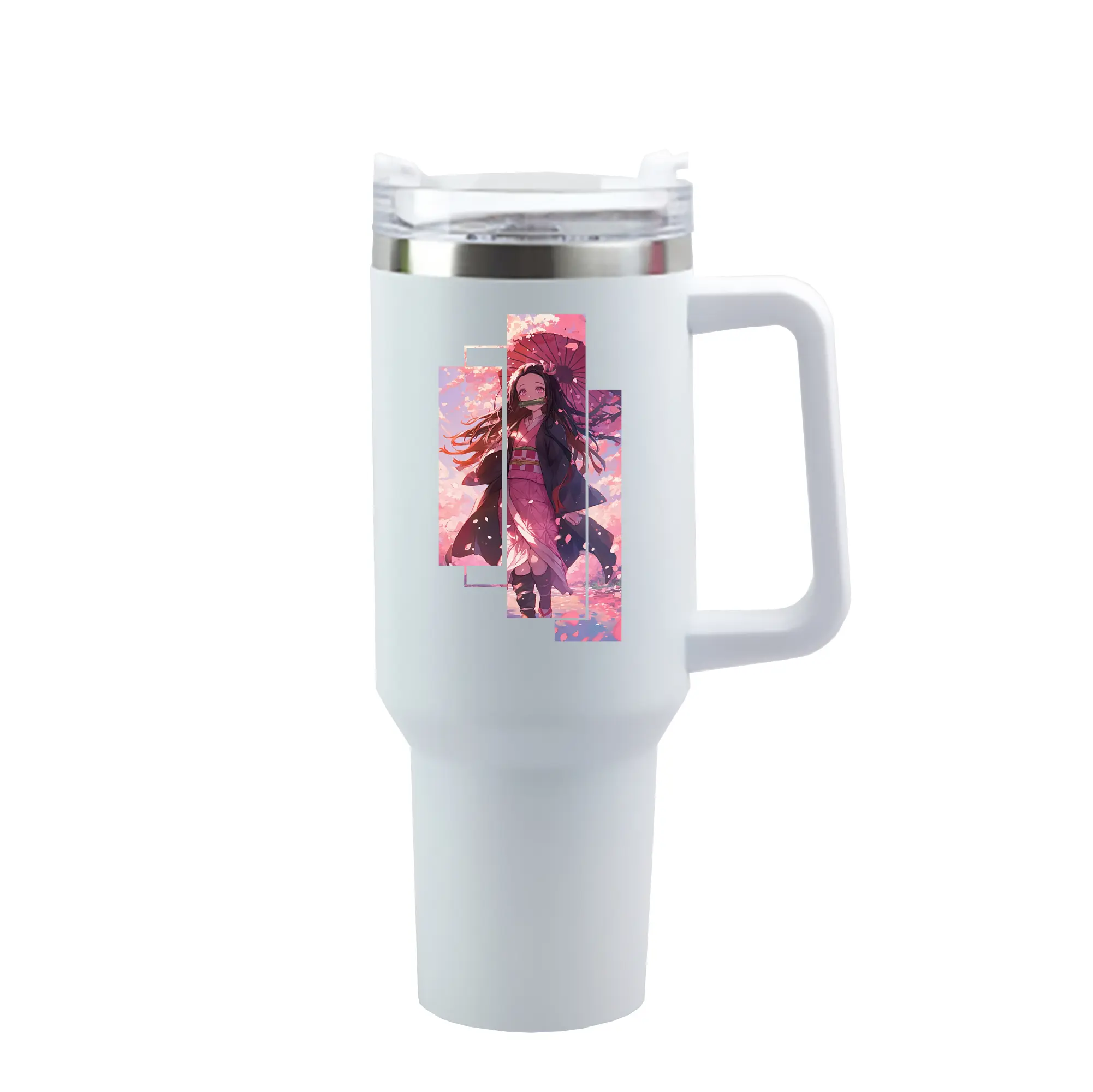 鬼滅の刃 グッズ,竈門 禰豆子 - 1200mL 車用タンブラー ・ クリスタルステッカー ・ 304ステンレス 内側 ・ 201ステンレス 外側 ・ 保温 保冷 ・ ハンドル＆ストロー付き ・ 通勤 ドライブ アウトドア用