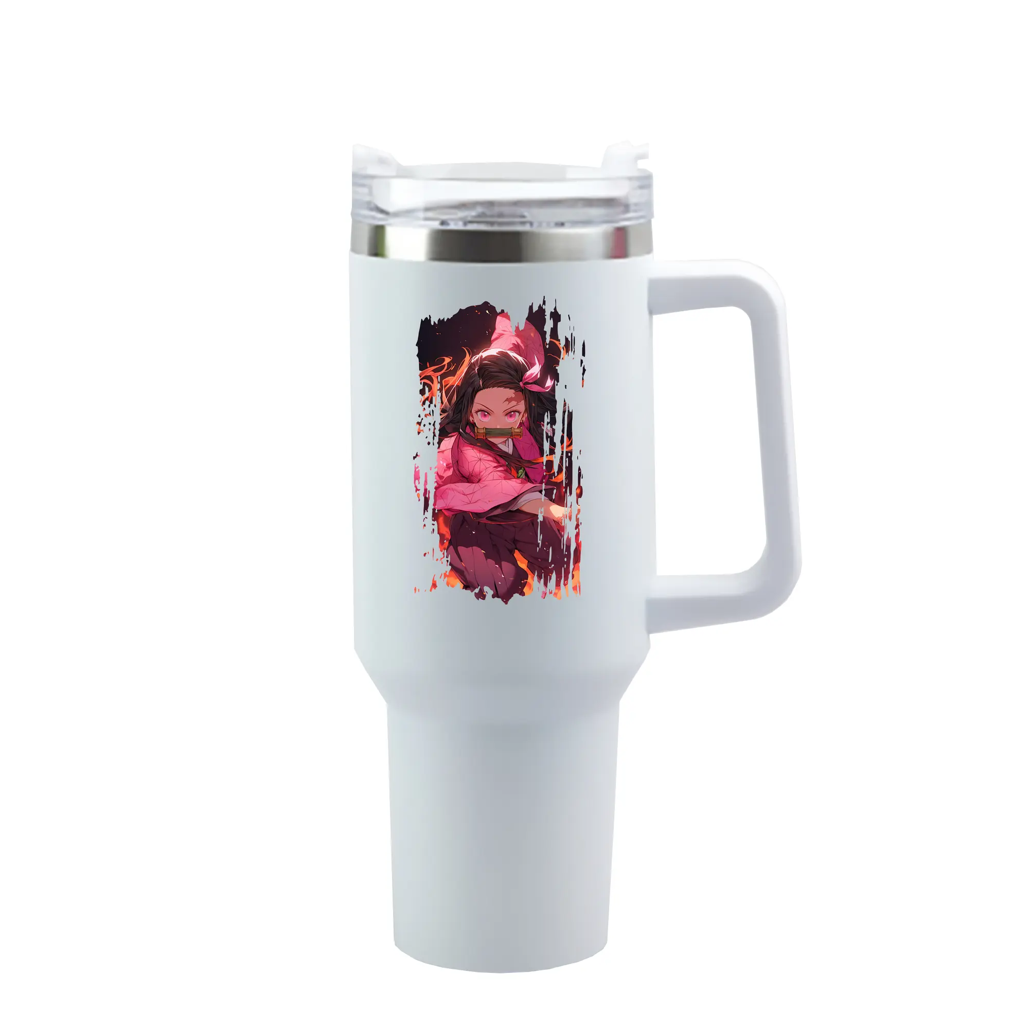 鬼滅の刃 グッズ,竈門 禰豆子 - 1200mL 車用タンブラー ・ クリスタルステッカー ・ 304ステンレス 内側 ・ 201ステンレス 外側 ・ 保温 保冷 ・ ハンドル＆ストロー付き ・ 通勤 ドライブ アウトドア用