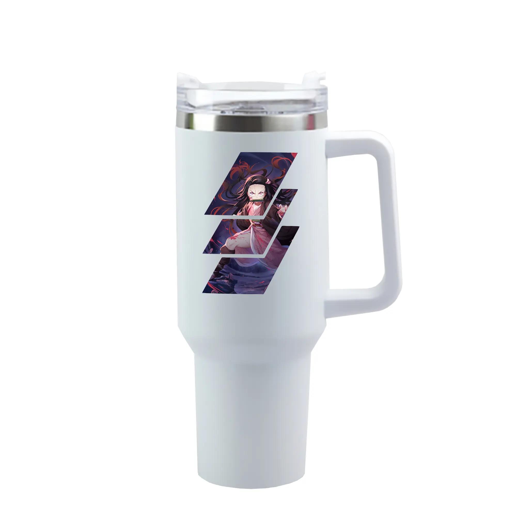 鬼滅の刃 グッズ,竈門 禰豆子 - 1200mL 車用タンブラー ・ クリスタルステッカー ・ 304ステンレス 内側 ・ 201ステンレス 外側 ・ 保温 保冷 ・ ハンドル＆ストロー付き ・ 通勤 ドライブ アウトドア用