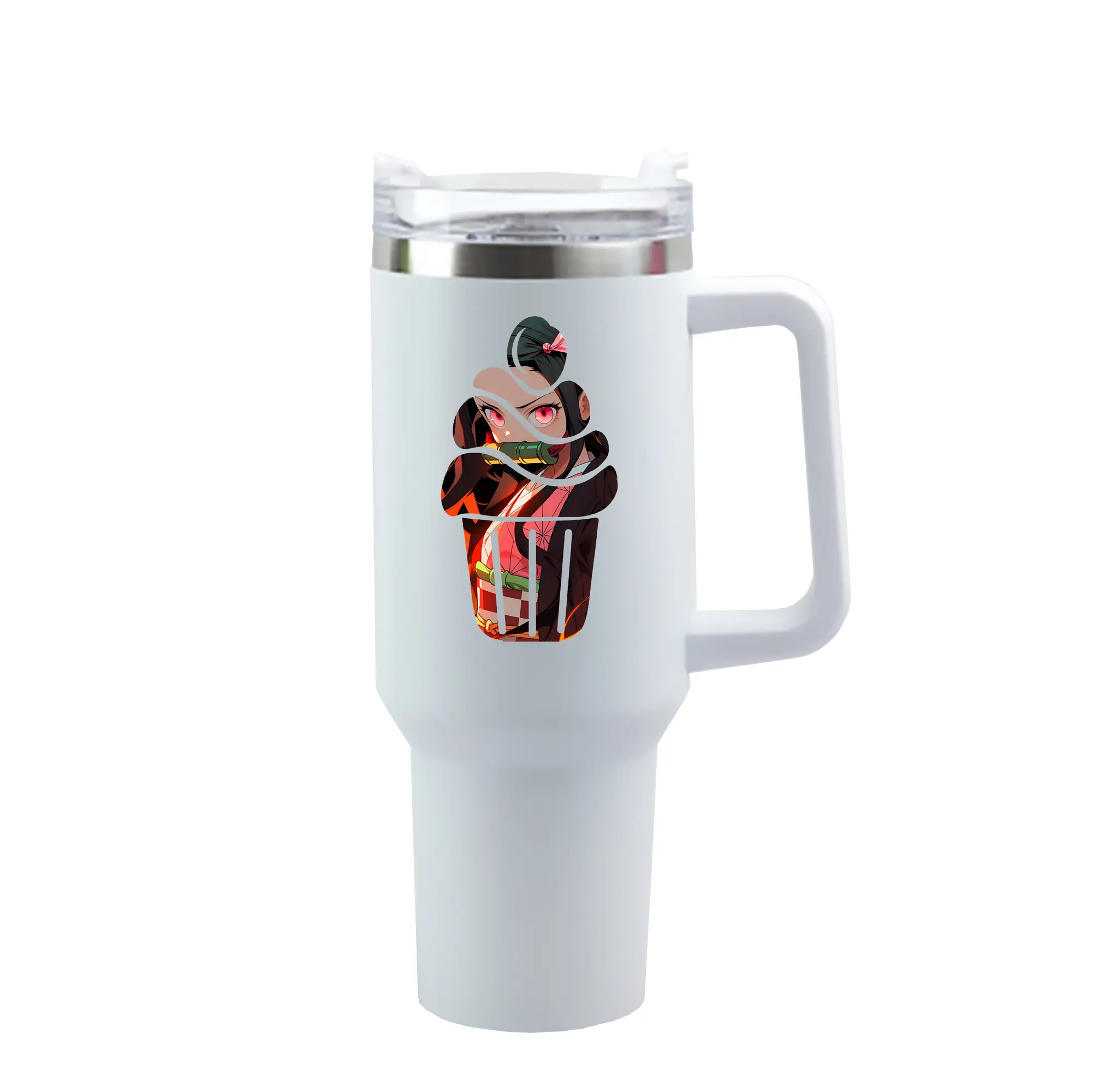 鬼滅の刃 グッズ,竈門 禰豆子 - 1200mL 車用タンブラー ・ クリスタルステッカー ・ 304ステンレス 内側 ・ 201ステンレス 外側 ・ 保温 保冷 ・ ハンドル＆ストロー付き ・ 通勤 ドライブ アウトドア用