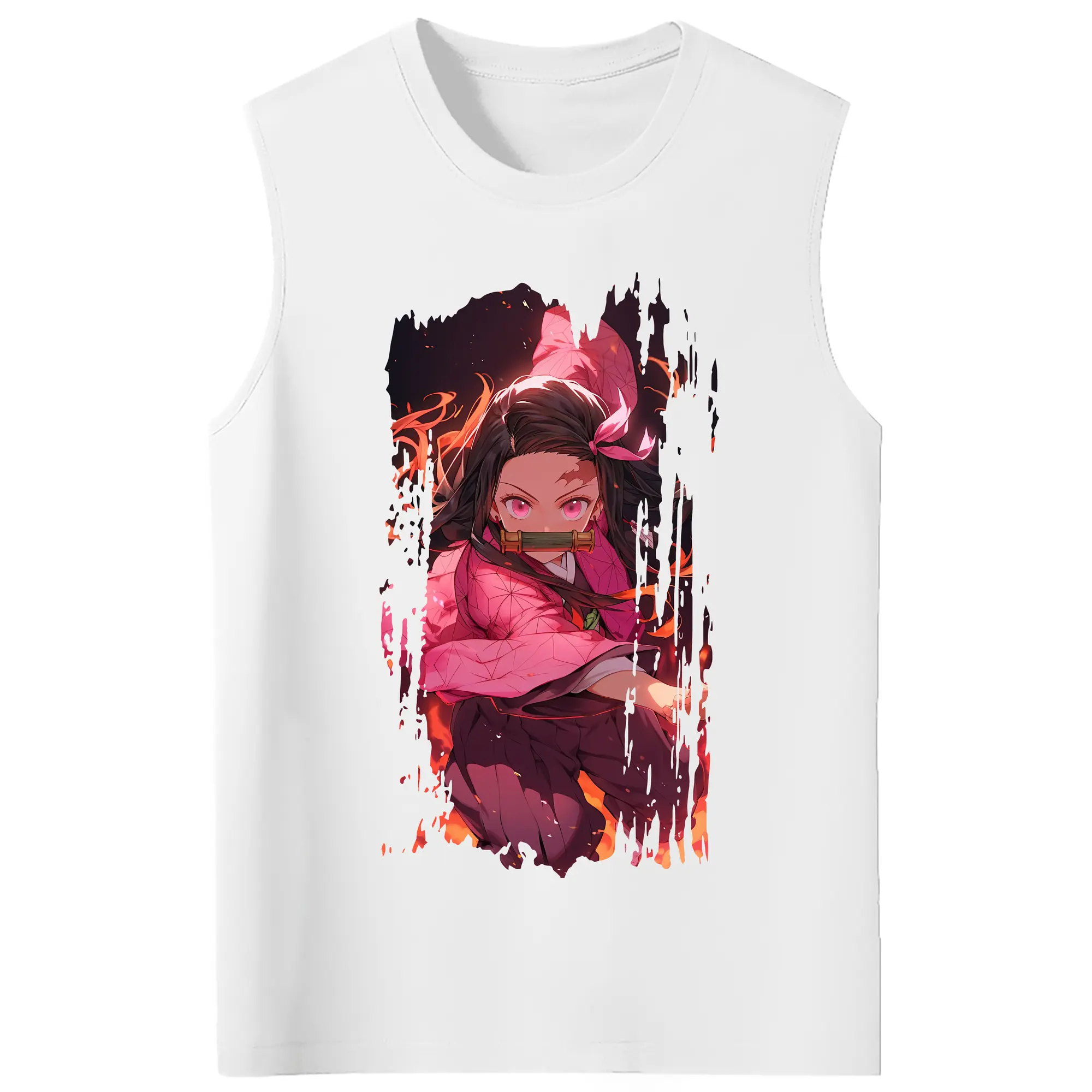 鬼滅の刃 グッズ,竈門 禰豆子 - コットン100％ タンクトップ ・ フロントプリント ・ タイトフィット ・ 快適 通気性 ・ スポーツ カジュアル 散歩用