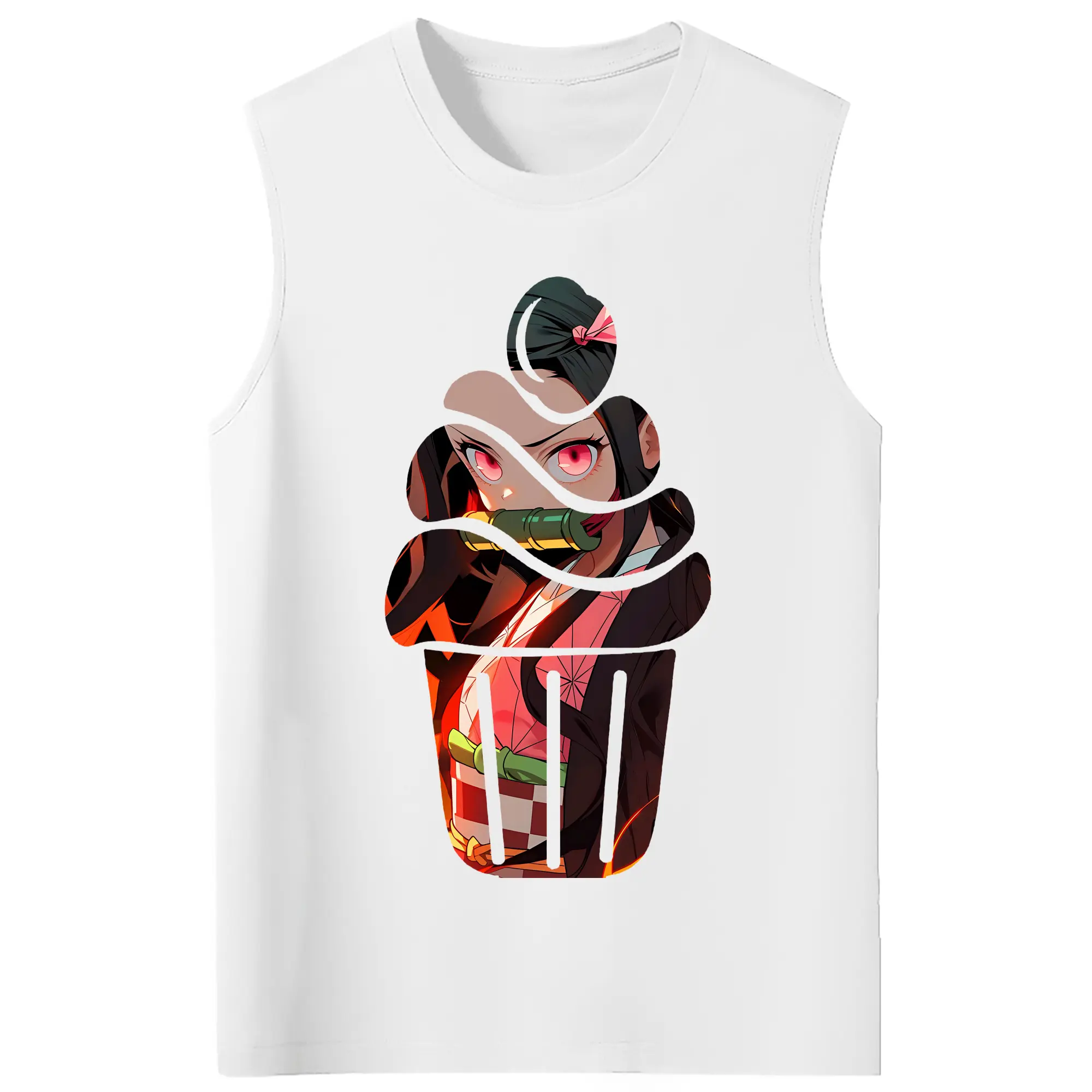 鬼滅の刃 グッズ,竈門 禰豆子 - コットン100％ タンクトップ ・ フロントプリント ・ タイトフィット ・ 快適 通気性 ・ スポーツ カジュアル 散歩用