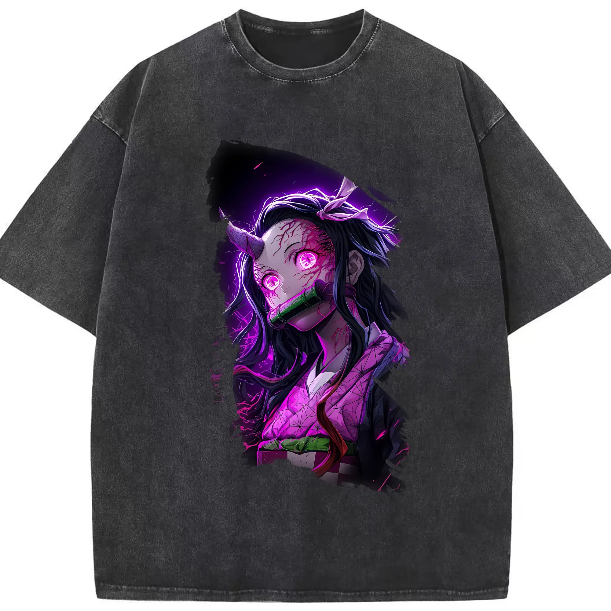 鬼滅の刃 グッズ,竈門 禰豆子 - 綿100％ ヴィンテージ風 半袖Tシャツ ・ フロントプリント ・ 柔らか肌触り ・ 通気性 快適 ・ スポーツ カジュアル 外出用