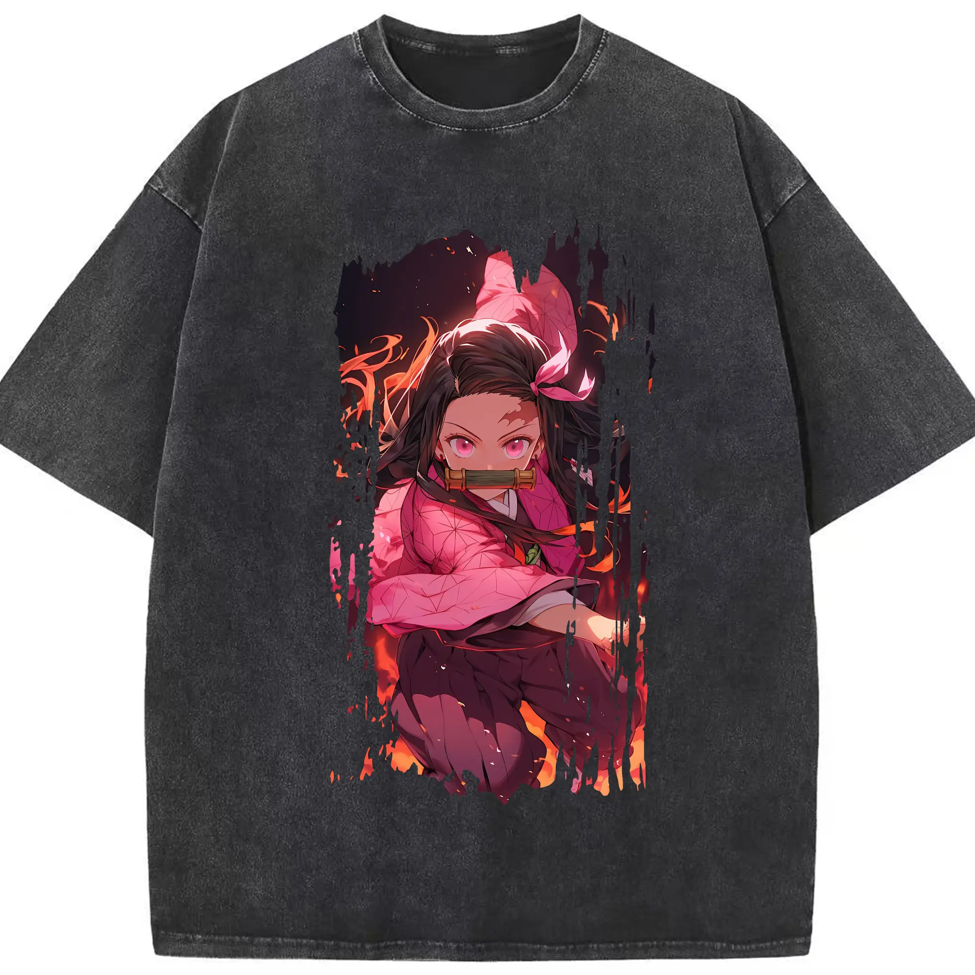 鬼滅の刃 グッズ,竈門 禰豆子 - 綿100％ ヴィンテージ風 半袖Tシャツ ・ フロントプリント ・ 柔らか肌触り ・ 通気性 快適 ・ スポーツ カジュアル 外出用