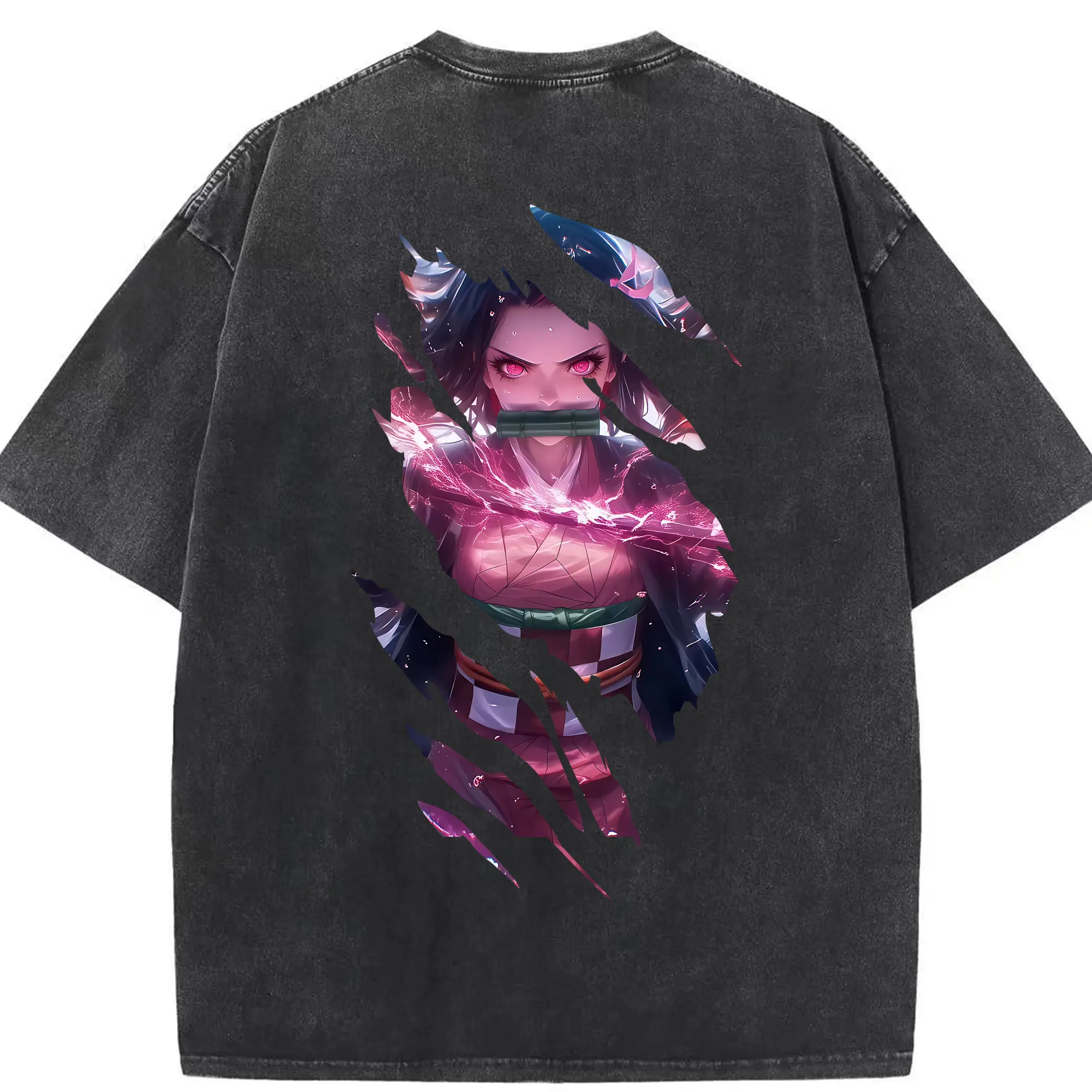 鬼滅の刃 グッズ,竈門 禰豆子 - 綿100％ ヴィンテージ風 半袖Tシャツ ・ 背面プリント ・ 柔らか肌触り ・ 通気性 快適 ・ スポーツ カジュアル 外出用