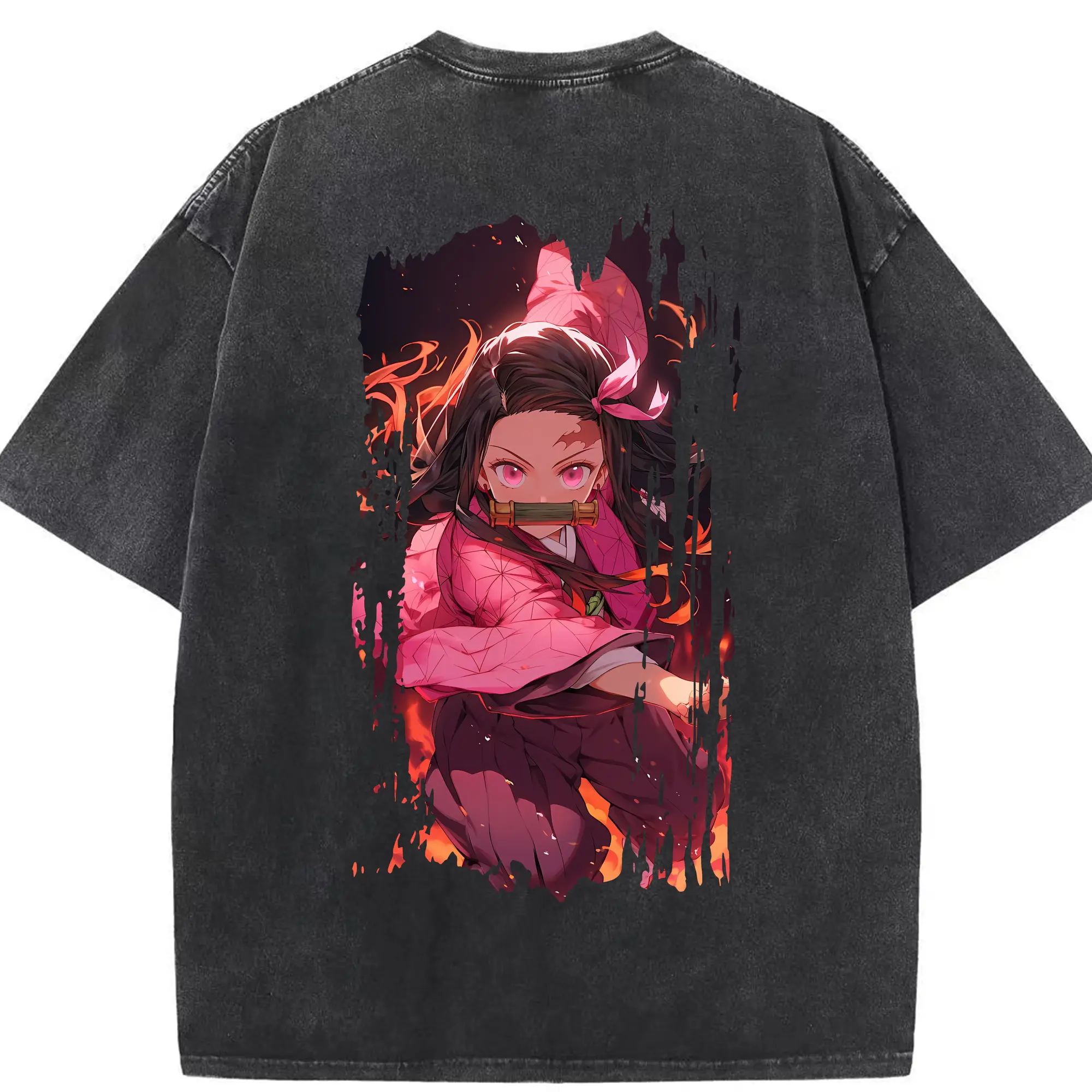 鬼滅の刃 グッズ,竈門 禰豆子 - 綿100％ ヴィンテージ風 半袖Tシャツ ・ 背面プリント ・ 柔らか肌触り ・ 通気性 快適 ・ スポーツ カジュアル 外出用