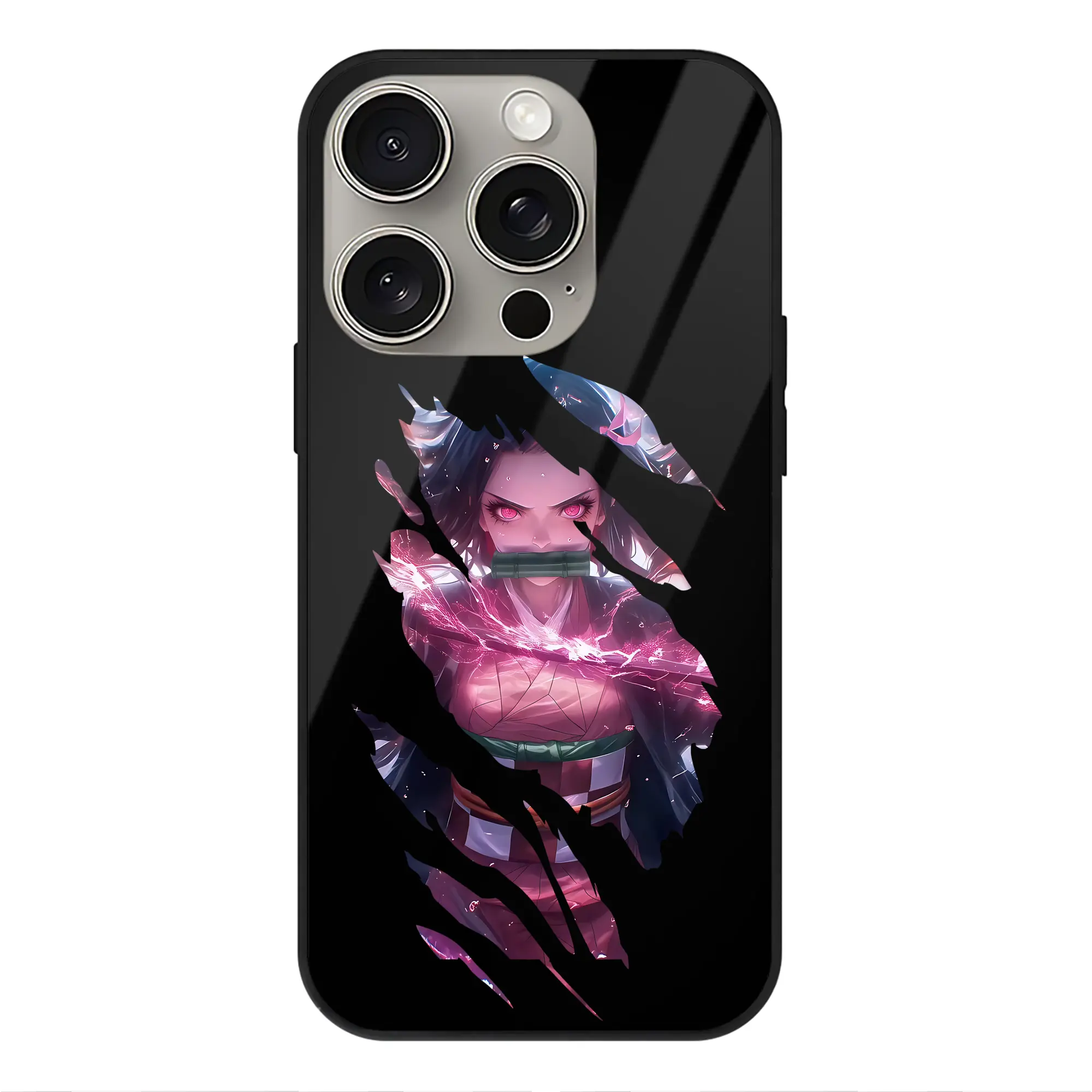 鬼滅の刃 グッズ,竈門 禰豆子 - IPhone15Pro対応 ・ スマホケース ・ 背面ガラス ・ TPU+強化ガラス ・ 耐衝撃 ・ 黄変防止 ・ ワイヤレス充電対応 ・ 3D立体ボタン